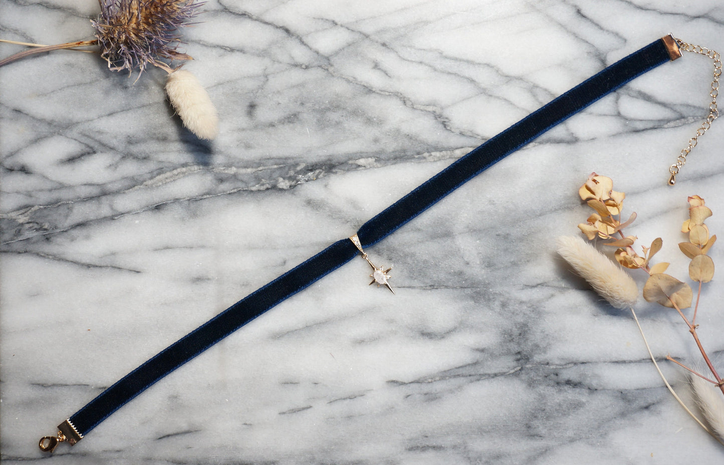 North Star Moonstone and Black / Deep Blue Stretch Velvet Choker/ Black