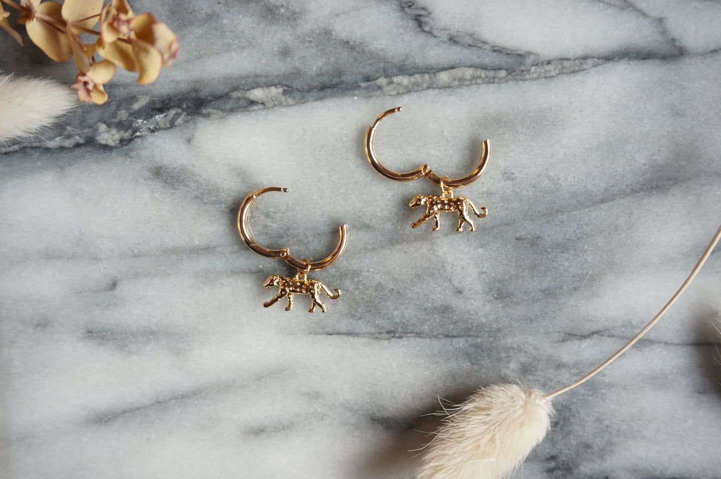 CHEETAH Gold Hoop / Huggie Earrings with Cheetah / Leopard Charm