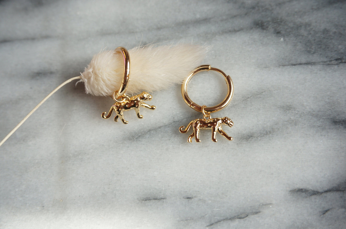 CHEETAH Gold Hoop / Huggie Earrings with Cheetah / Leopard Charm