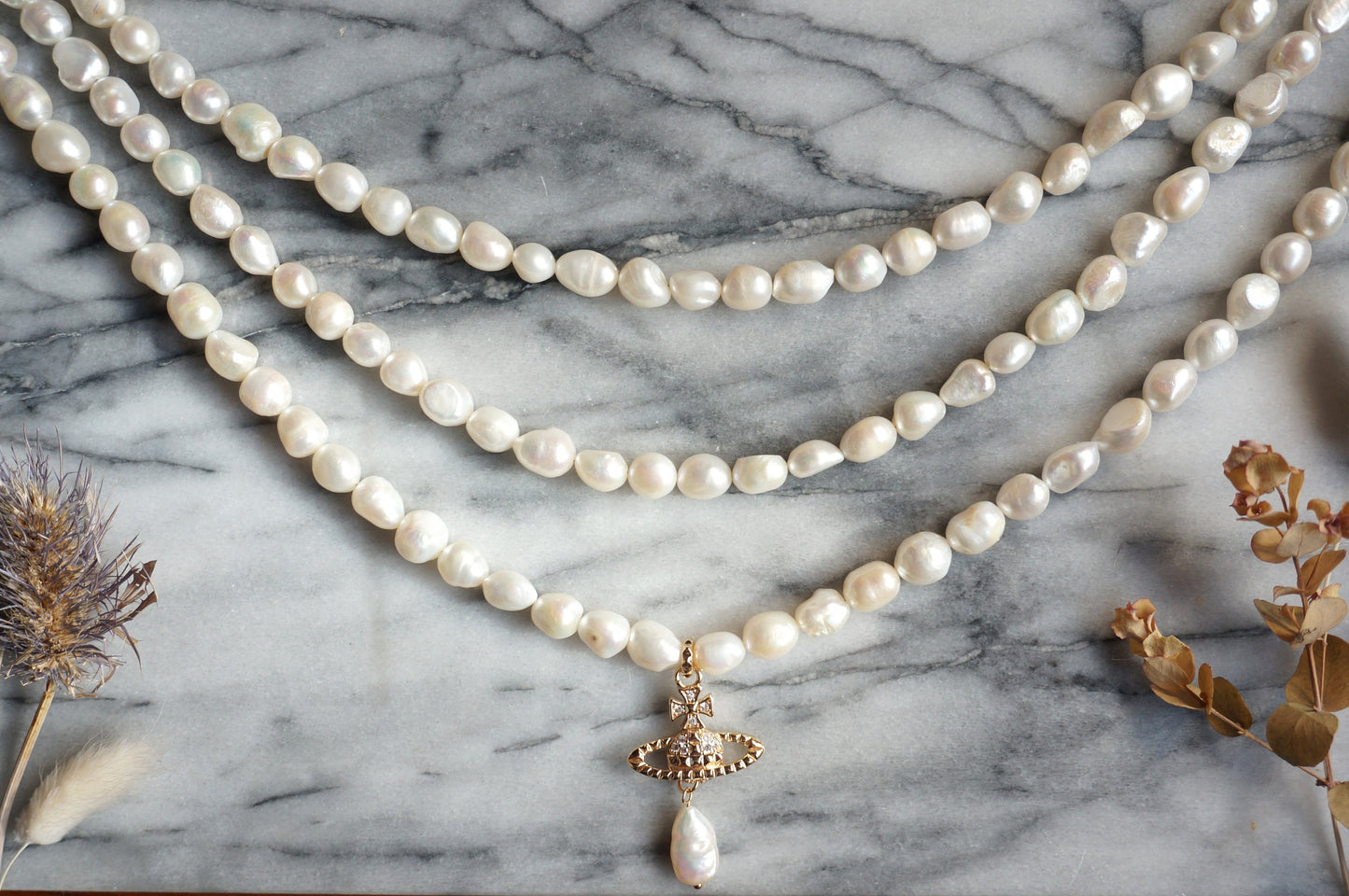 VICTORIA Three Layer Pearl / Black Pearl Necklace / Three Row Pearl Drop Choker