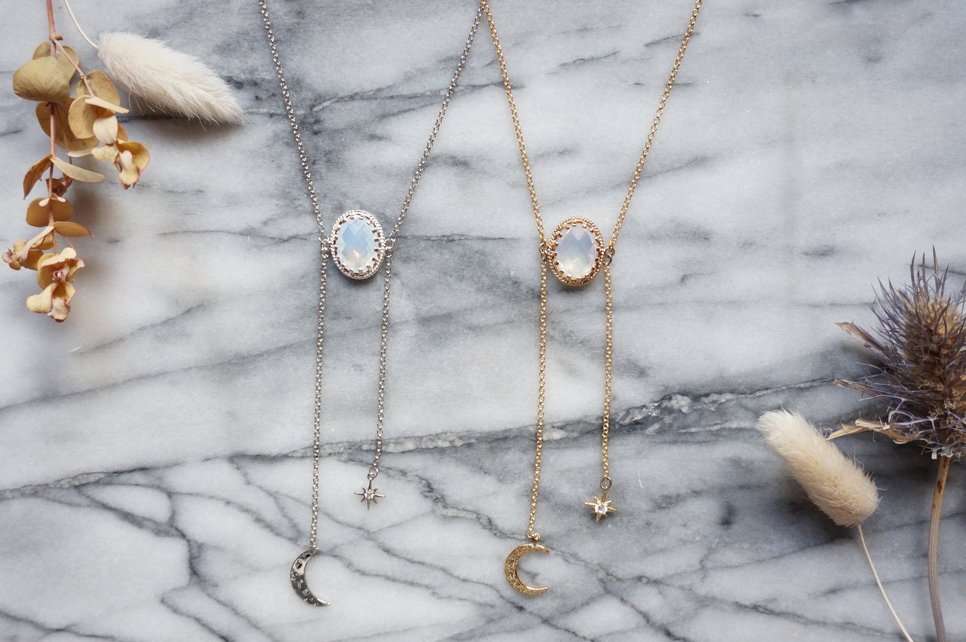 ISHTAR Moonstone, Moon and Star Necklace in Gold / Silver