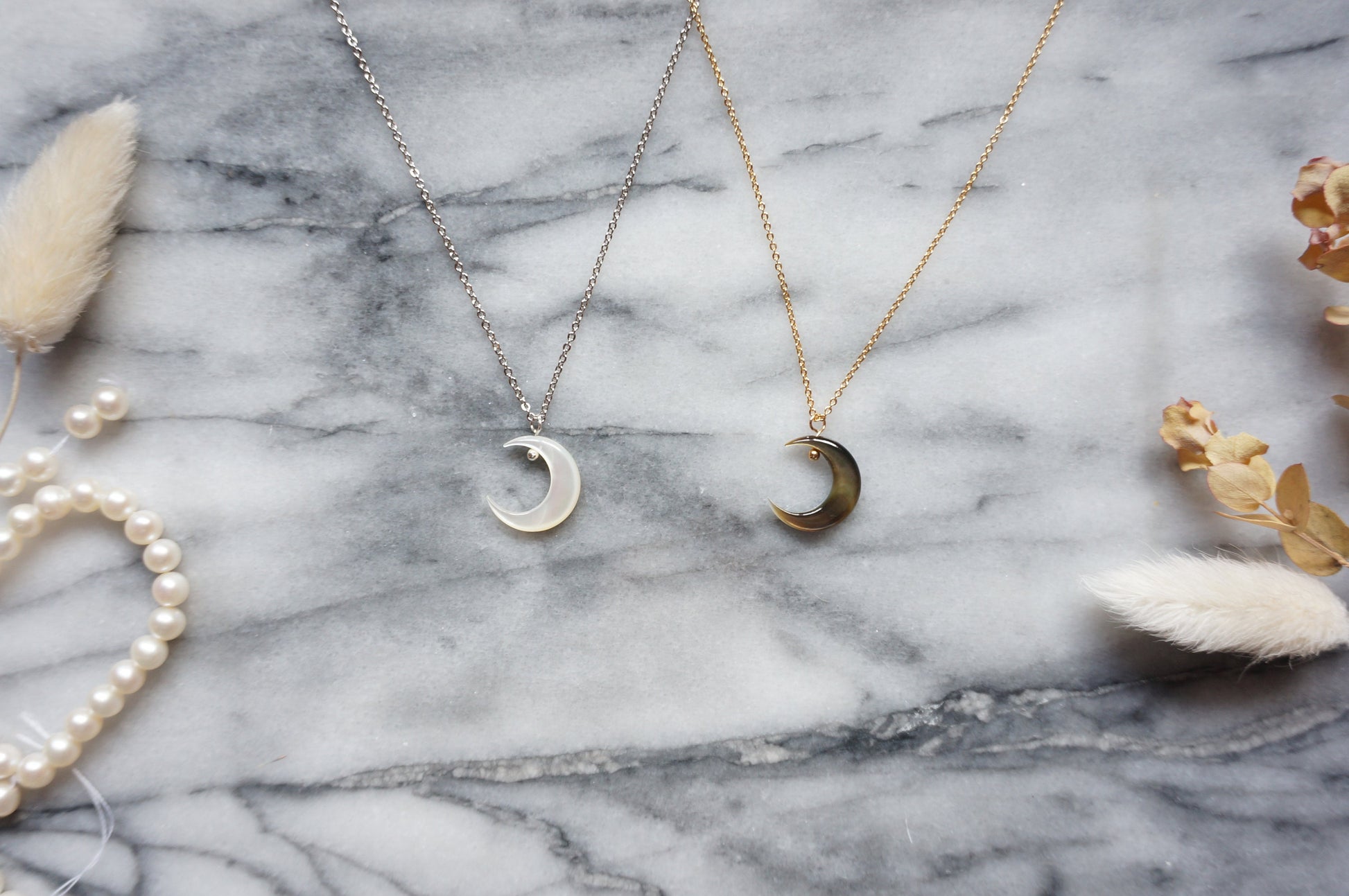 Silver and Gold Pearlescent Moon Necklace