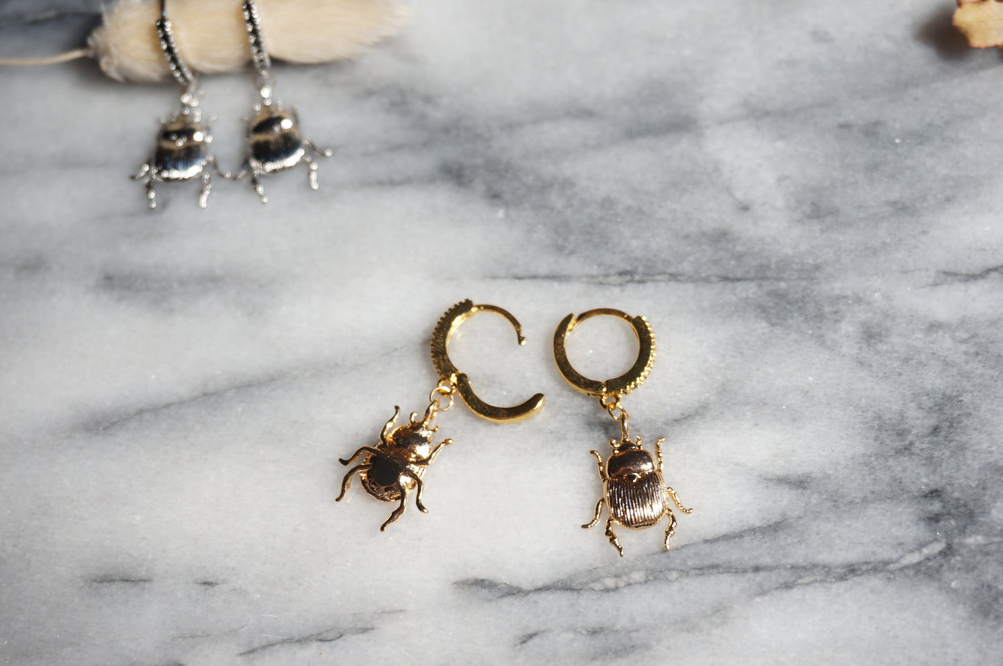 SCARAB Gold / Silver Egyptian Beetle Hoop / Huggie Earrings