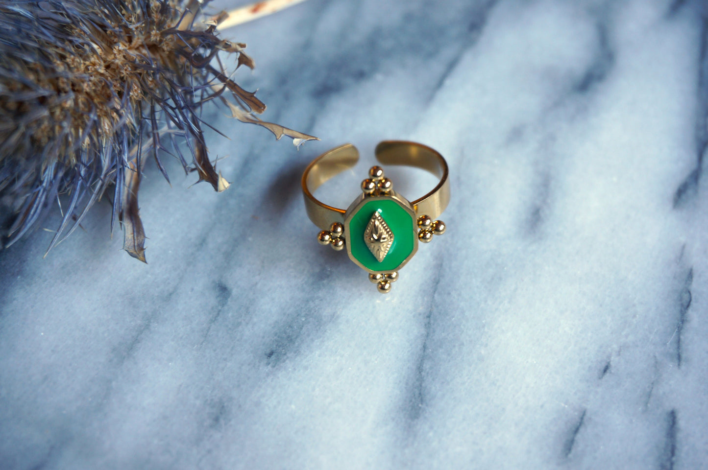 Gold and Green Enamel Adjustable Ring