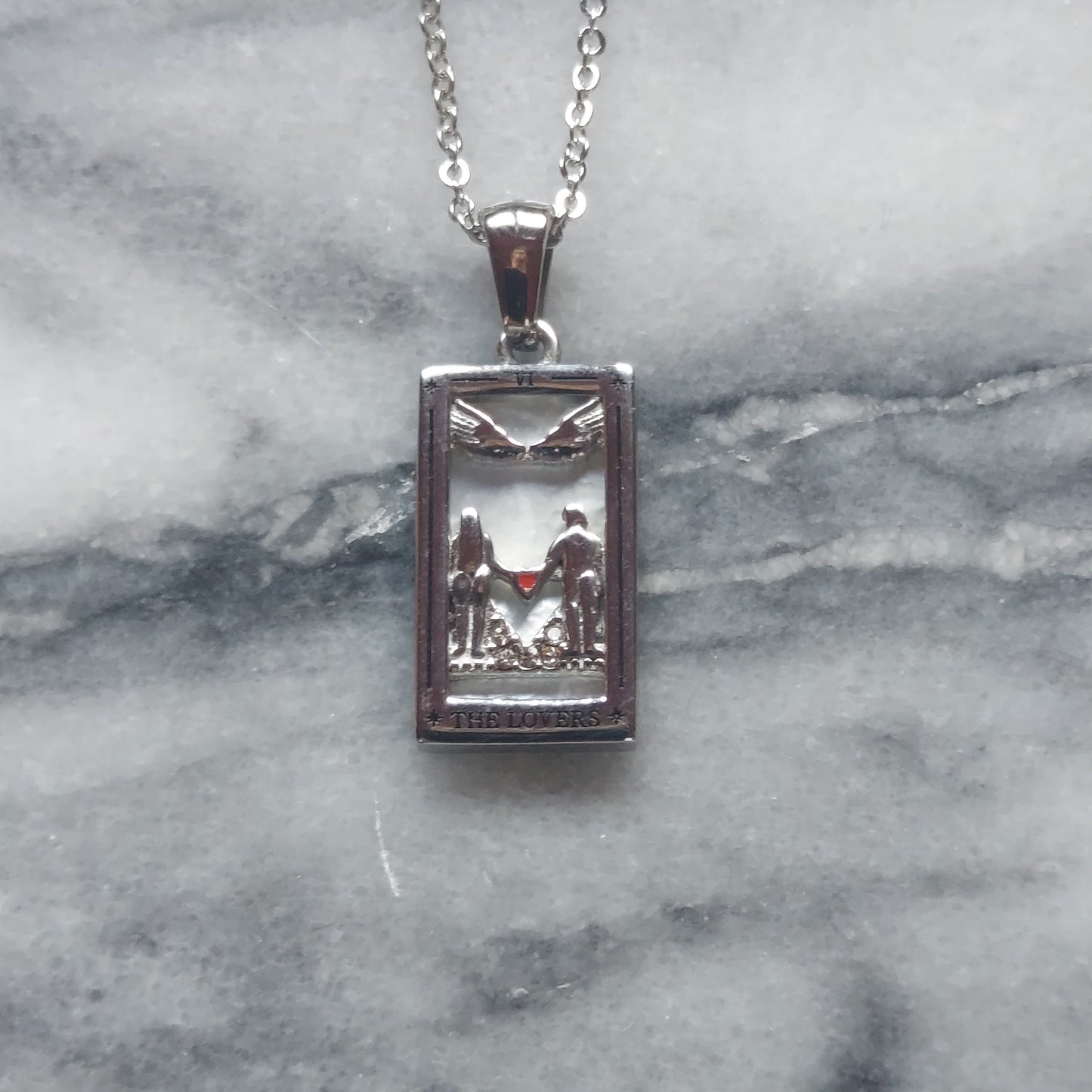 Silver Tarot Card Necklaces / Tarot Card Frame Necklaces / Temperance / The Lovers / Strength