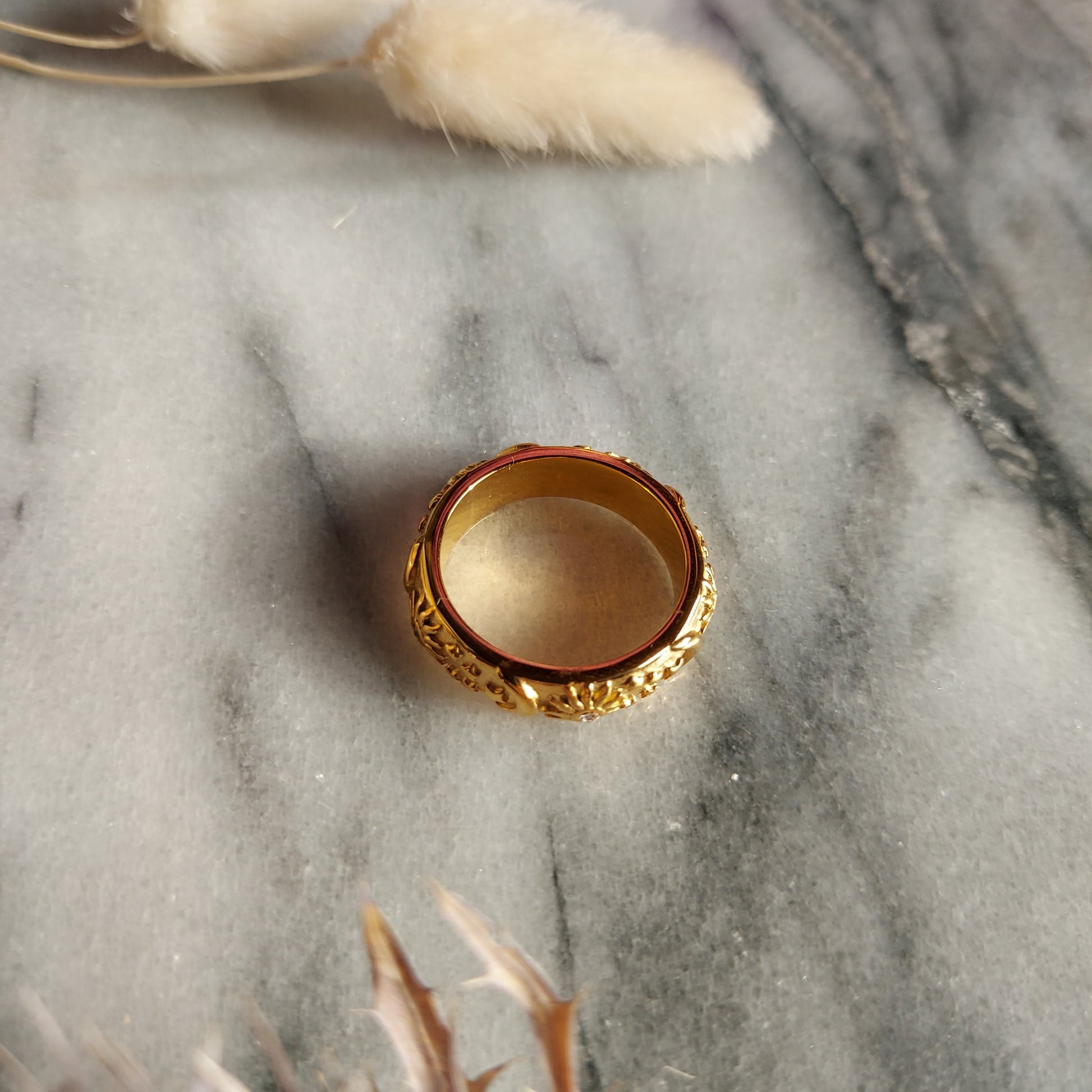 Gold Celestial Engraved Ring / Stars, Moon and Sun Ring