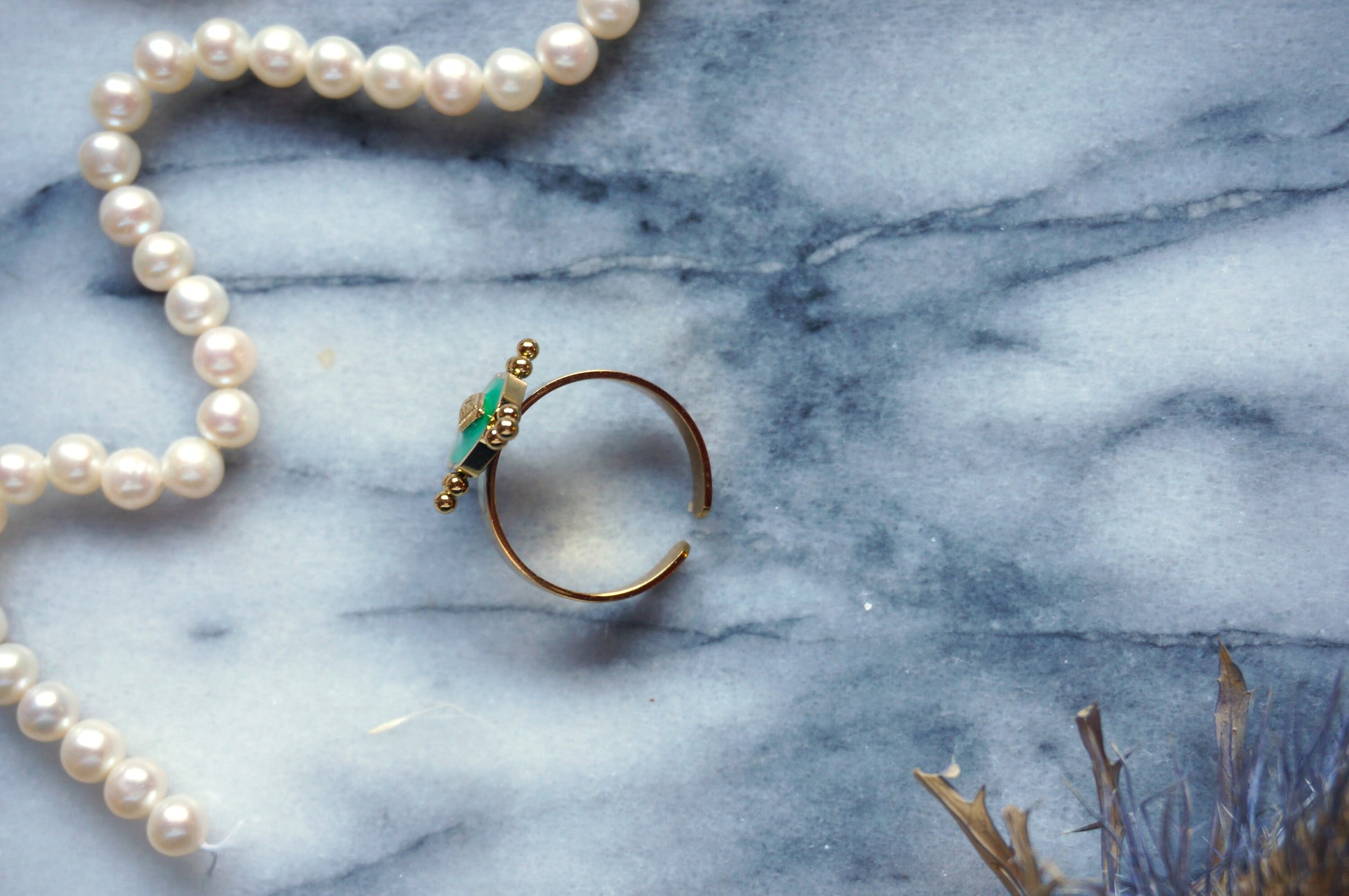 Gold and Green Enamel Adjustable Ring