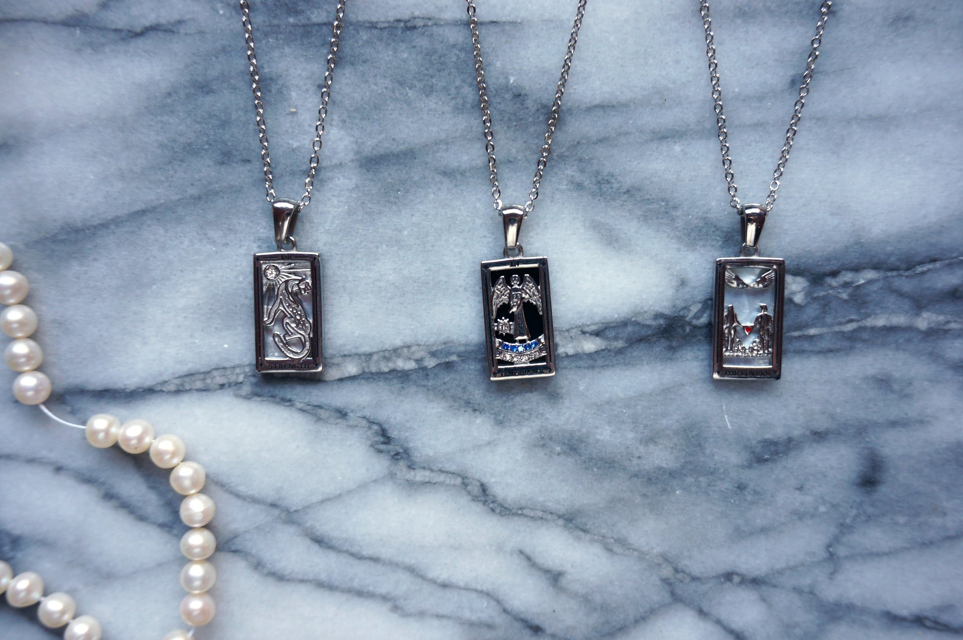 Silver Tarot Card Necklaces / Tarot Card Frame Necklaces / Temperance / The Lovers / Strength