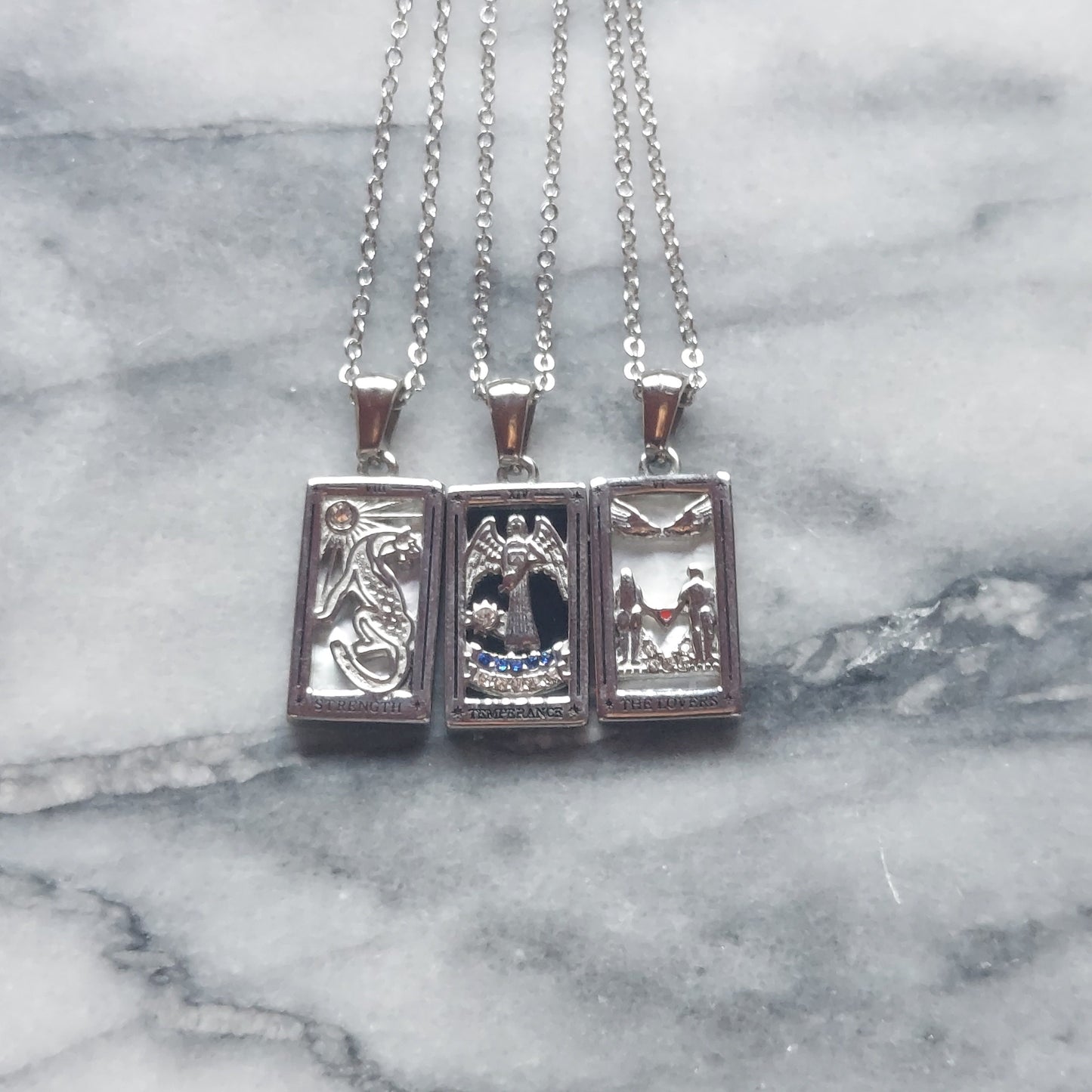 Silver Tarot Card Necklaces / Tarot Card Frame Necklaces / Temperance / The Lovers / Strength