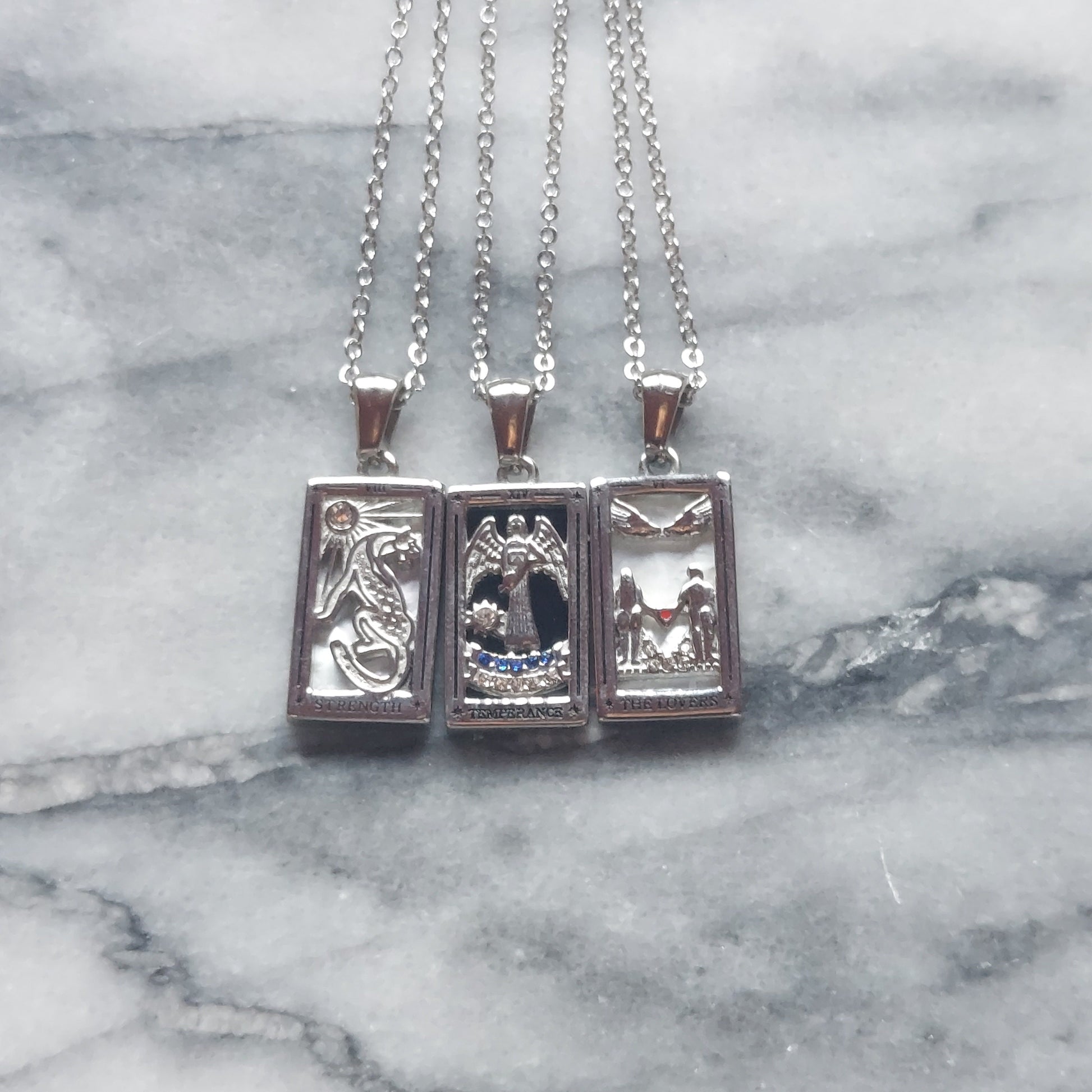Silver Tarot Card Necklaces / Tarot Card Frame Necklaces / Temperance / The Lovers / Strength
