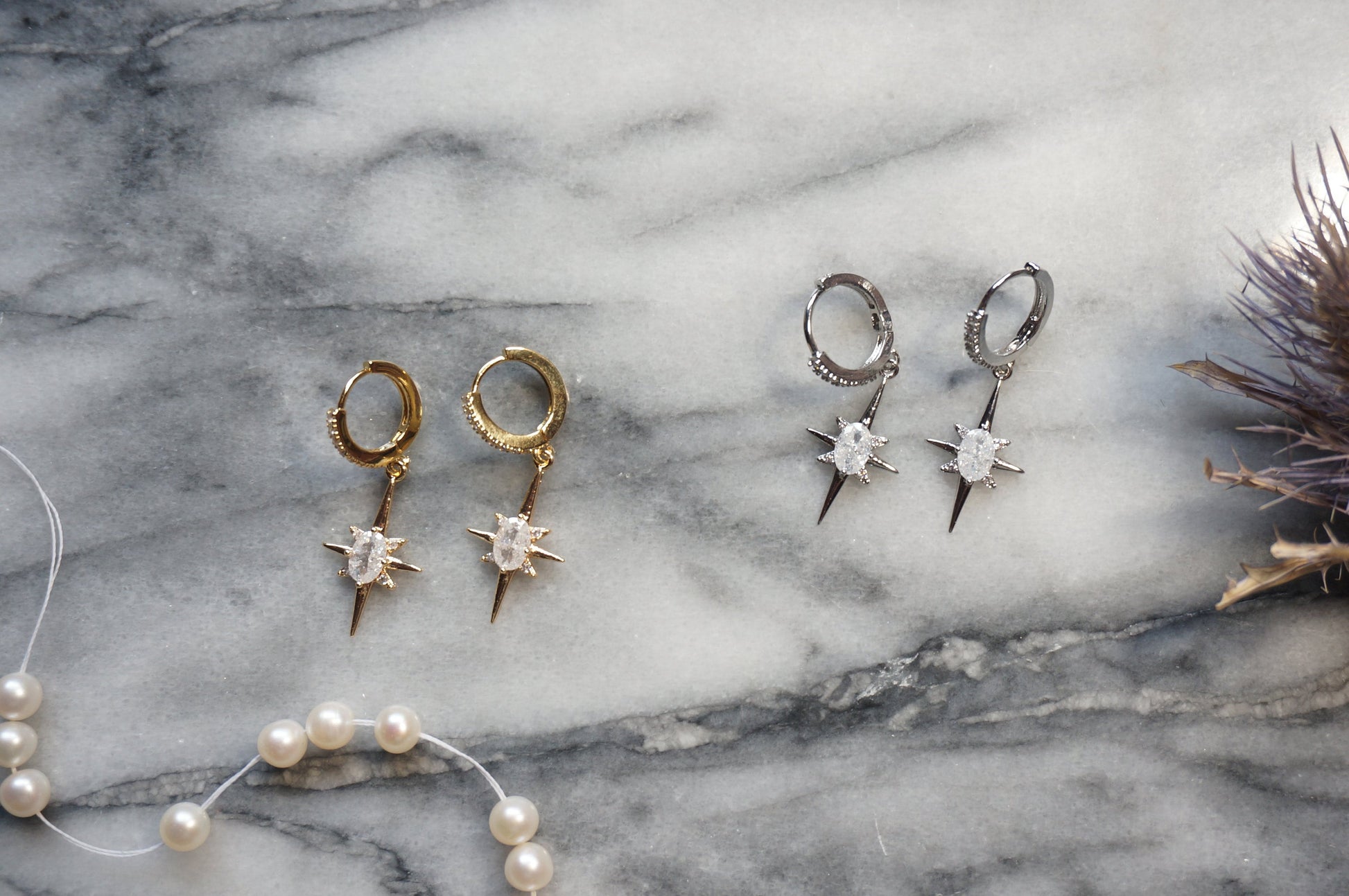 SELESTE North Star Opalite Huggie Hoop Earrings in Gold / Silver