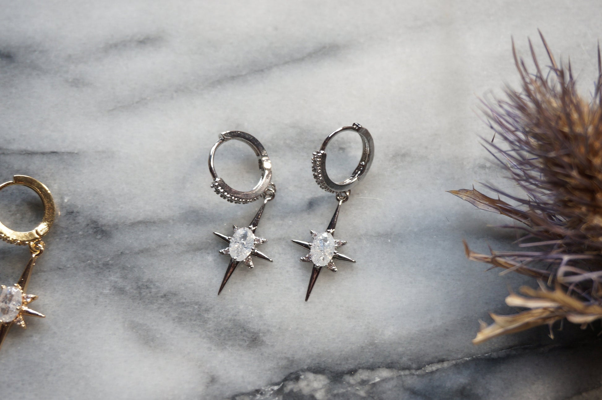 SELESTE North Star Opalite Huggie Hoop Earrings in Gold / Silver