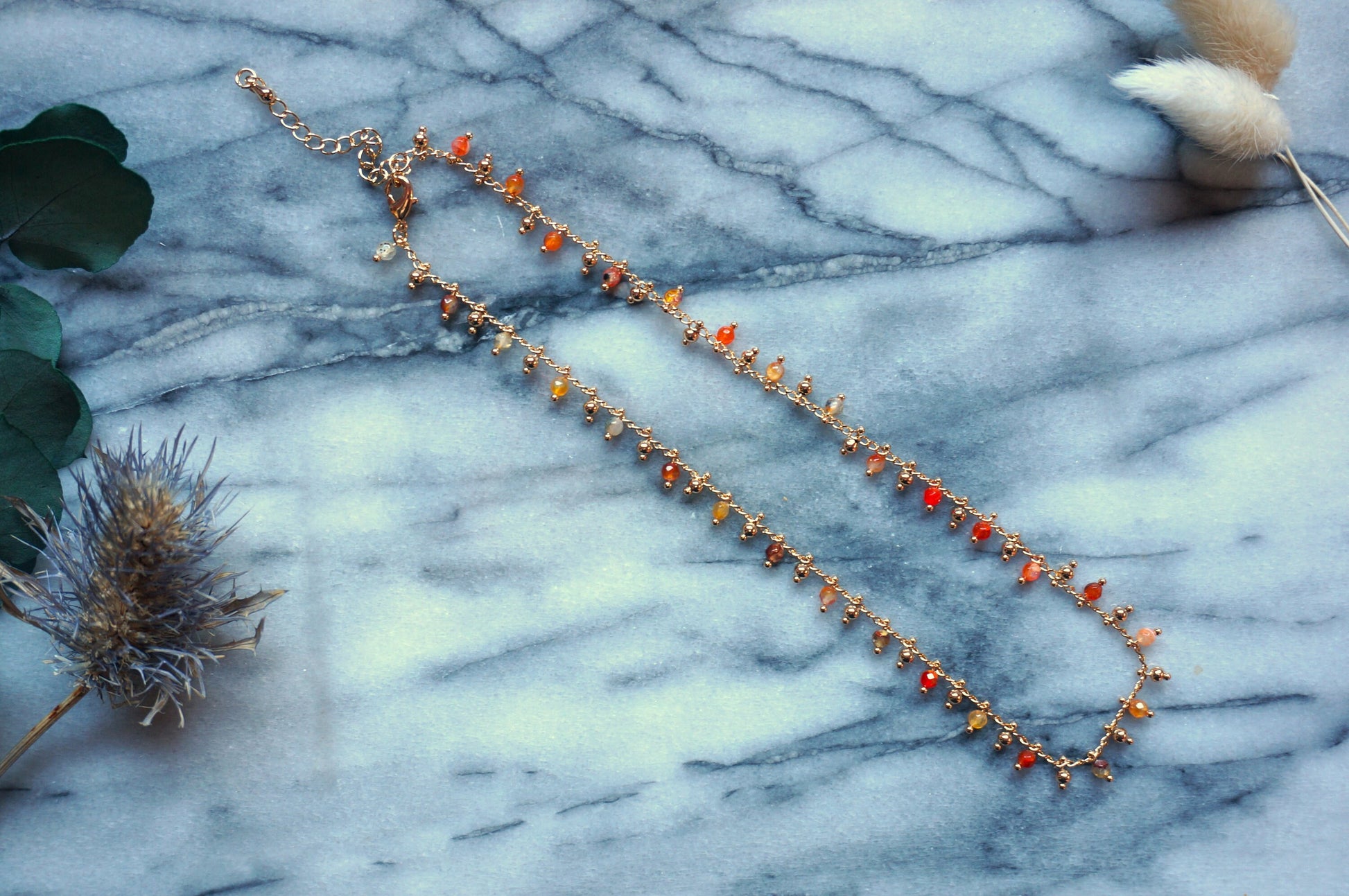 Gold Beaded Chain Choker in Green / Amber