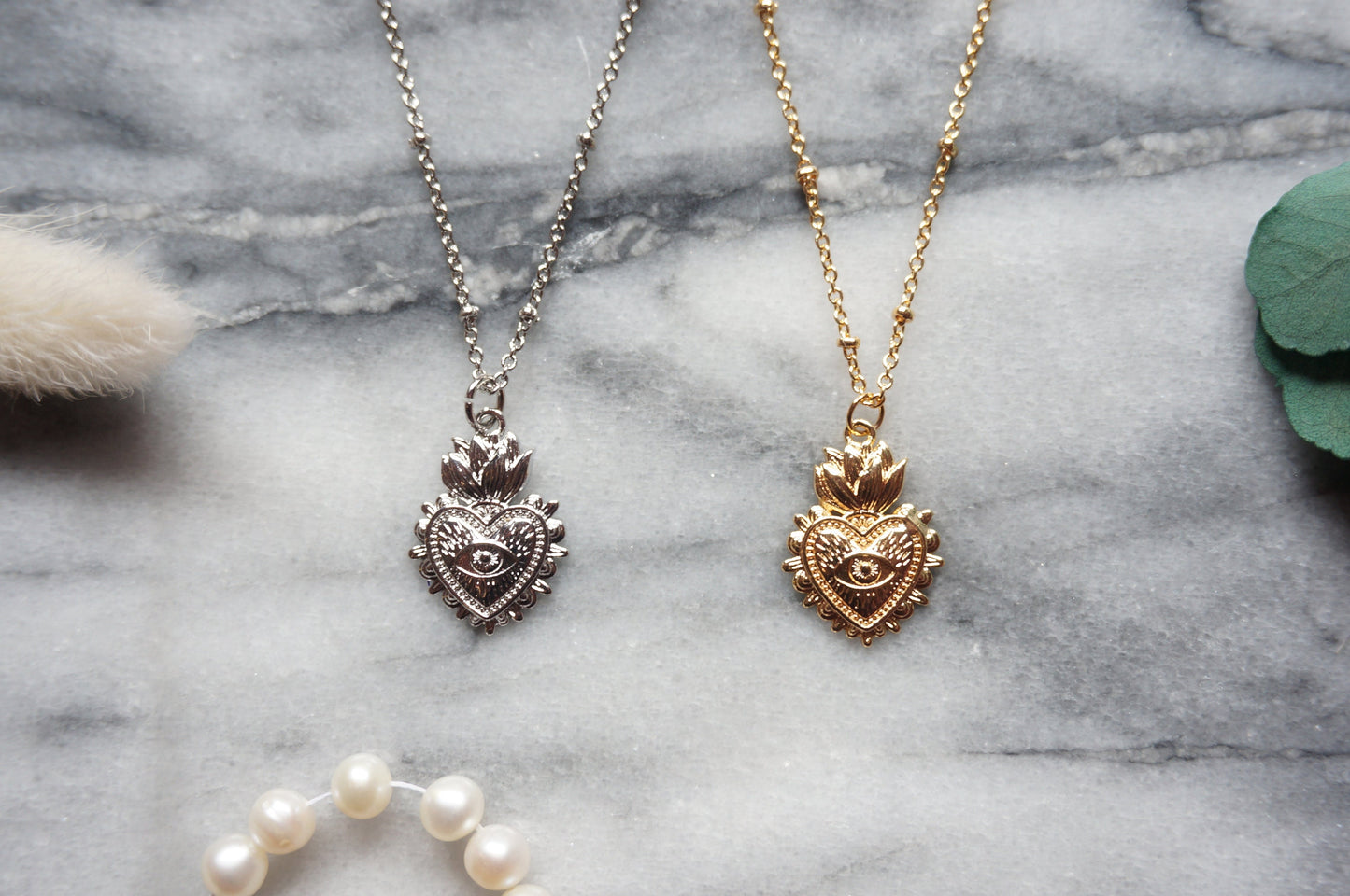 Sacred Heart Evil Eye 18k Gold / Silver / Black Metal Plated Necklace