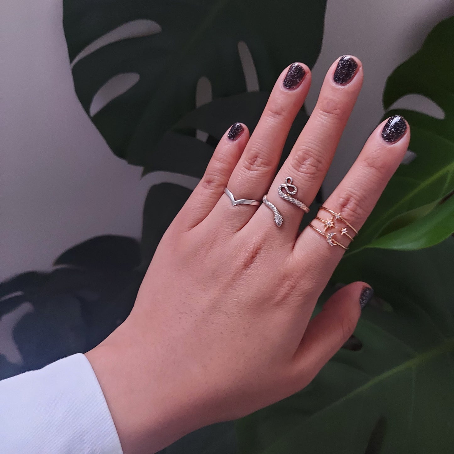 AQUARIUS Gold/Silver Moon and Stars Adjustable Stacked Ring