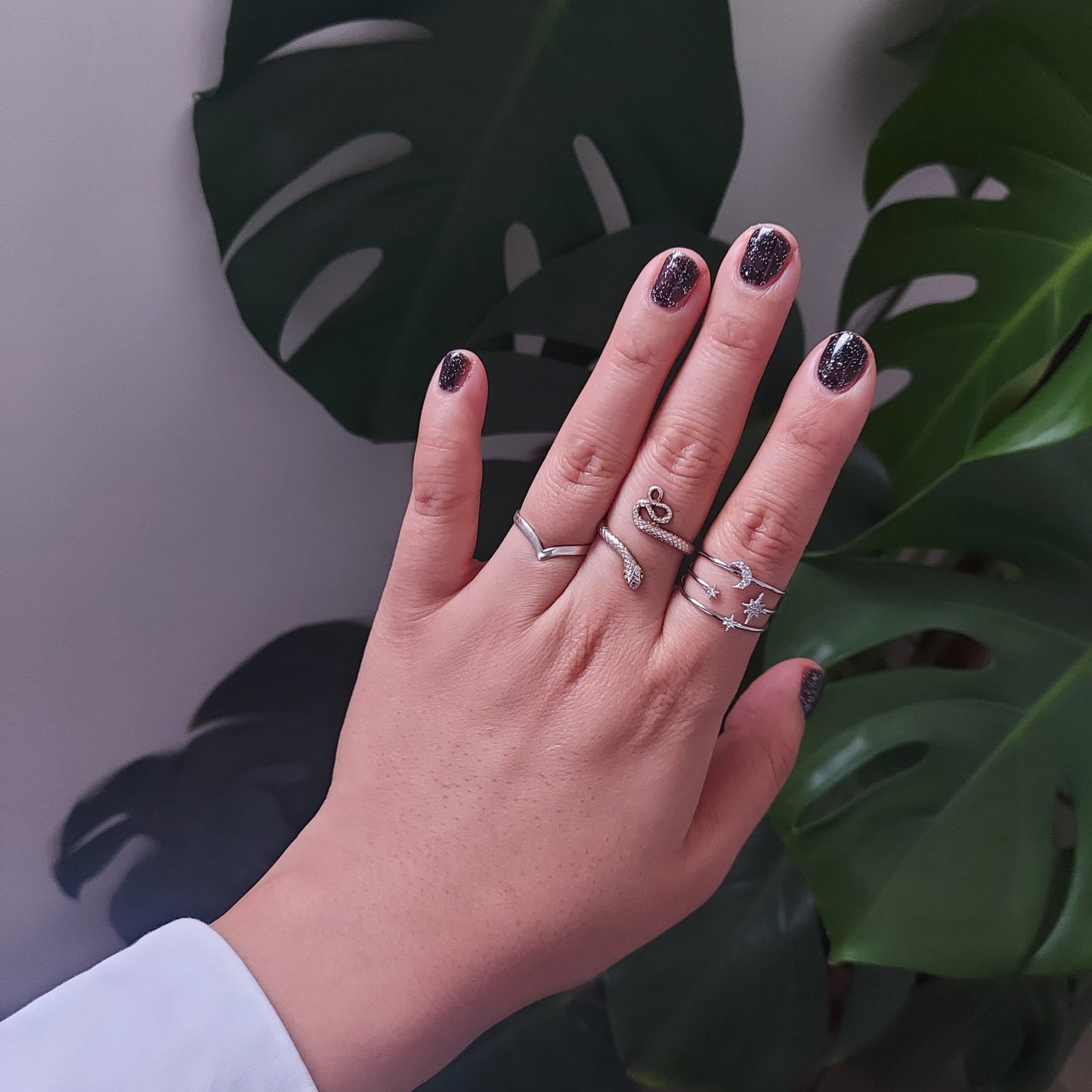 AQUARIUS Gold/Silver Moon and Stars Adjustable Stacked Ring