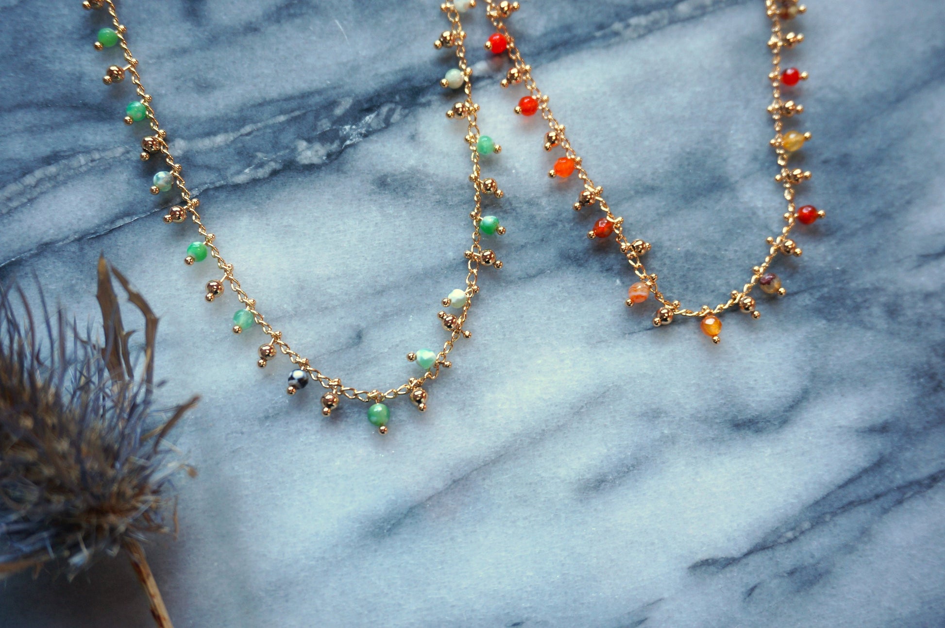 Gold Beaded Chain Choker in Green / Amber