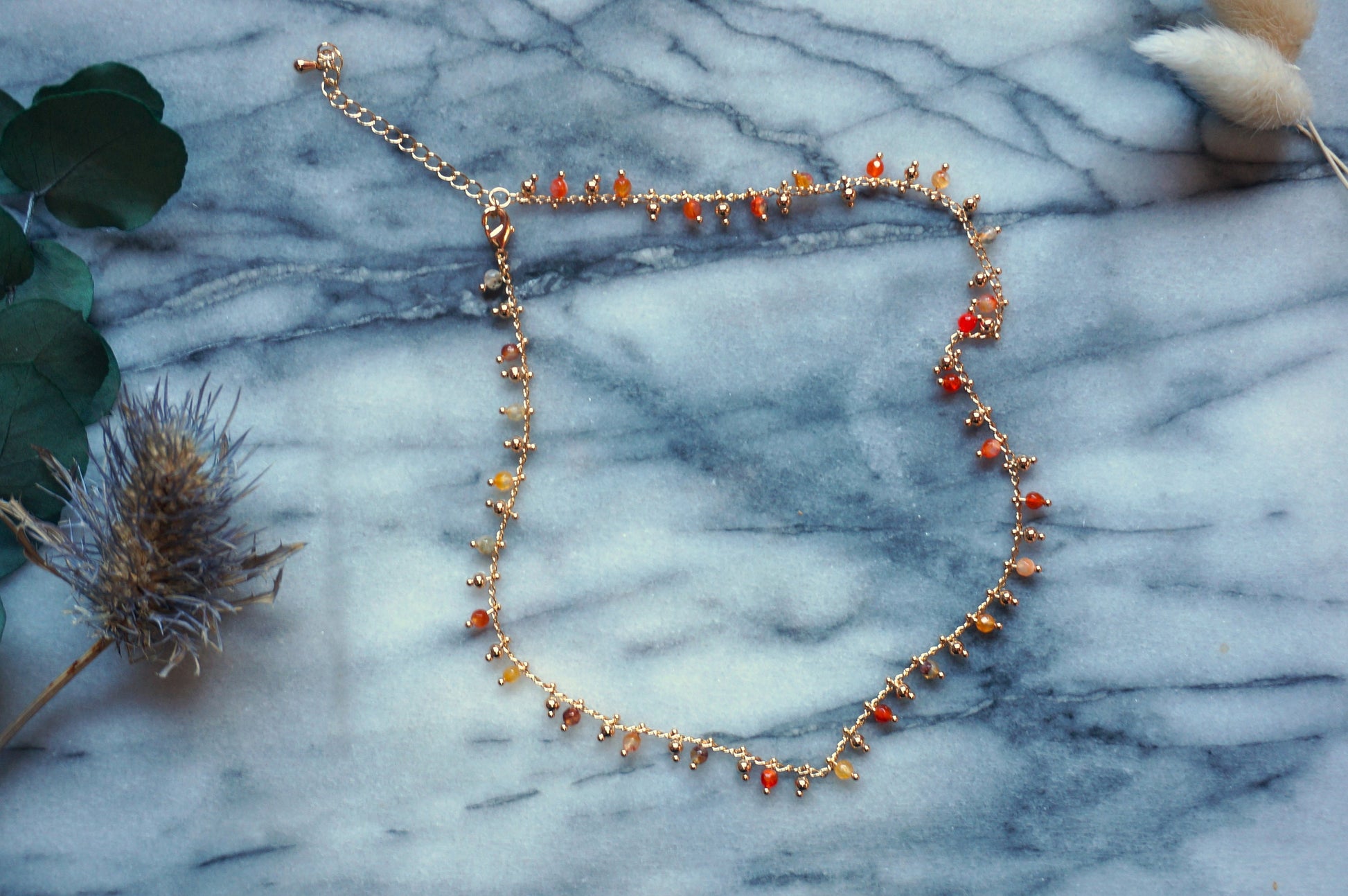 Gold Beaded Chain Choker in Green / Amber