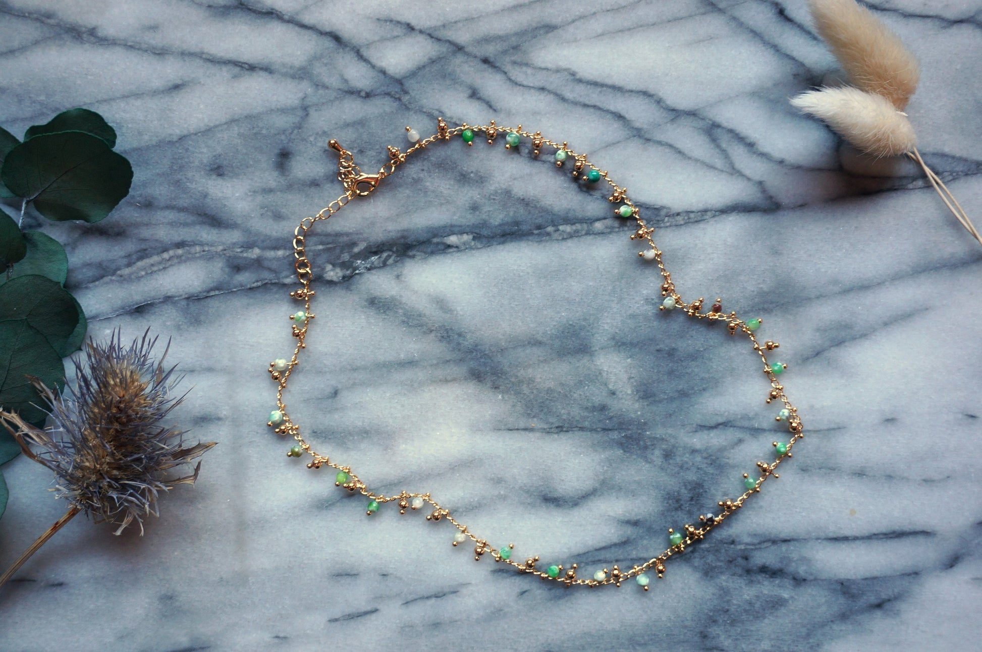 Gold Beaded Chain Choker in Green / Amber