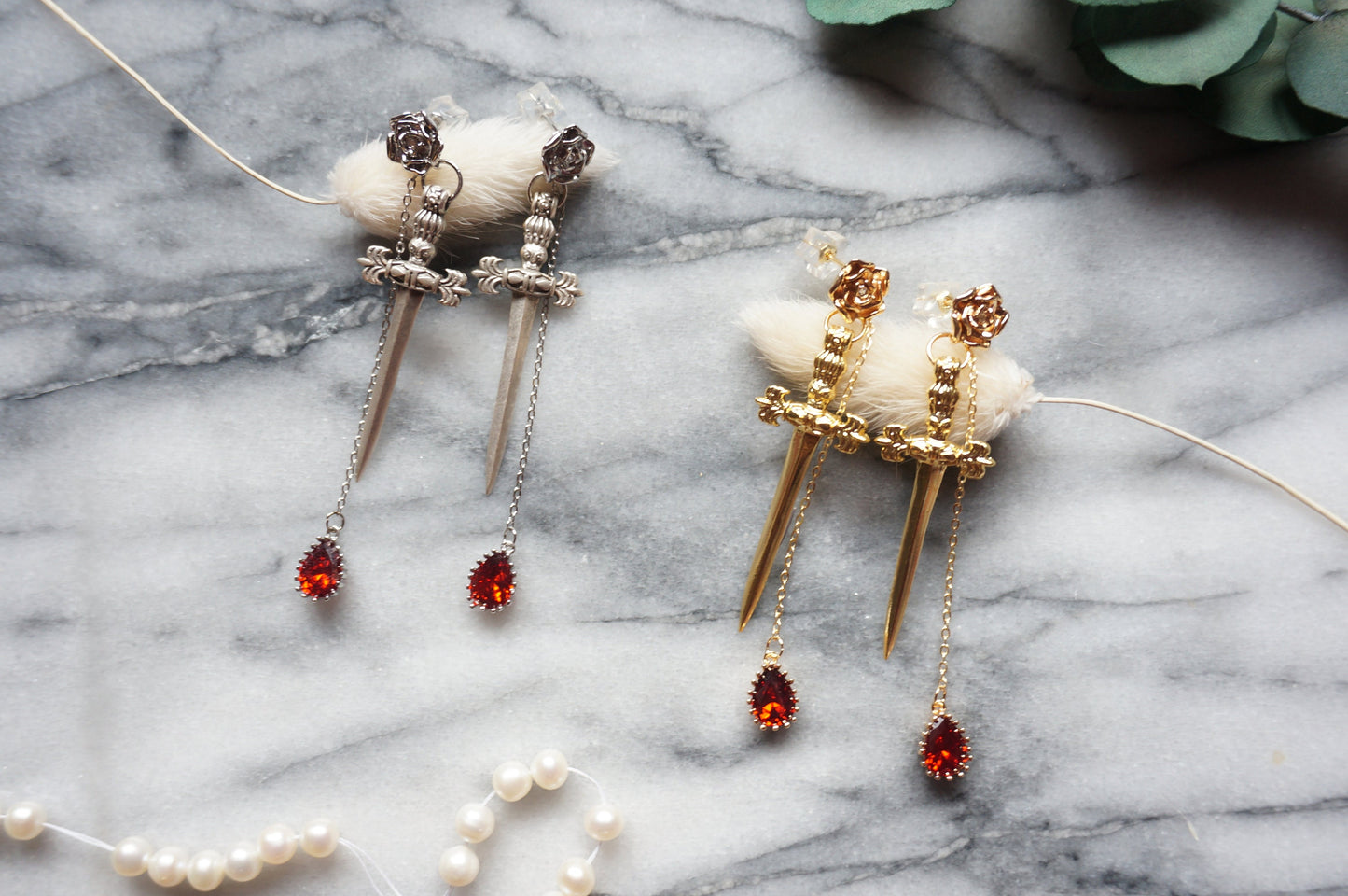 ROMEO Gold / Silver Rose, Dagger and Blood Drop Earrings