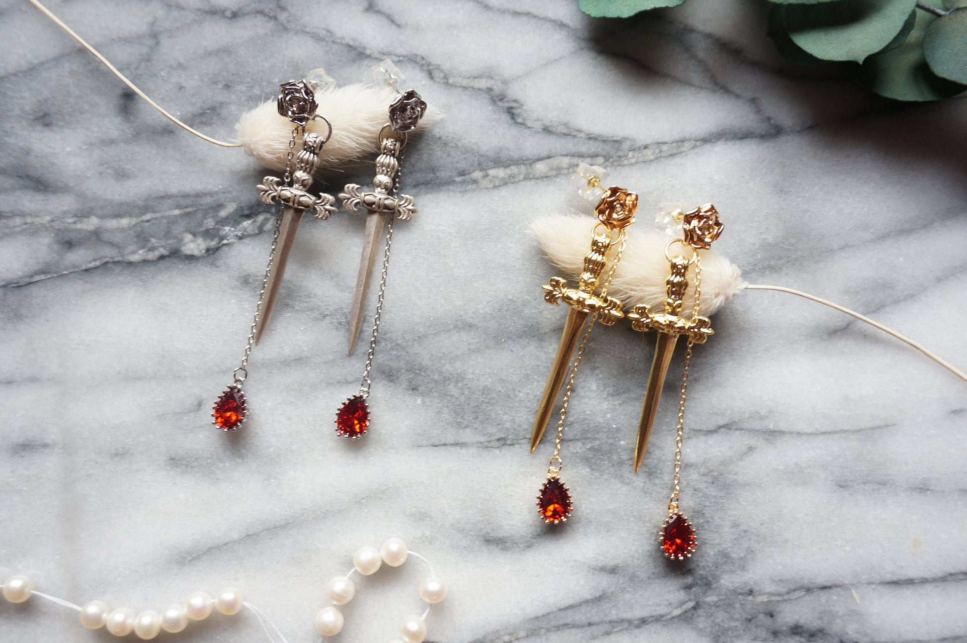 ROMEO Gold / Silver Rose, Dagger and Blood Drop Earrings