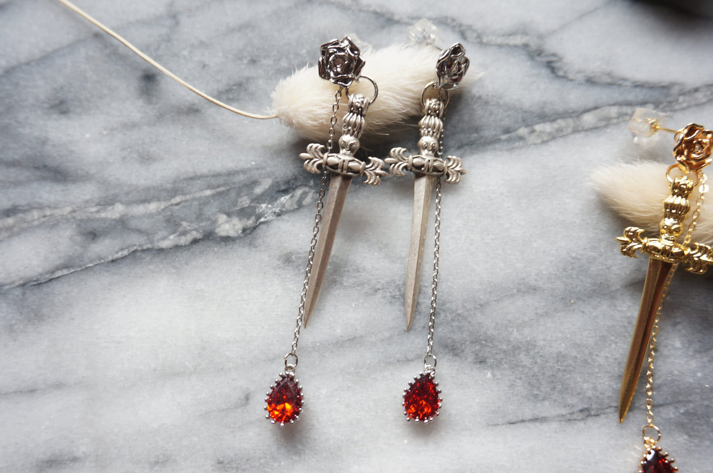 ROMEO Gold / Silver Rose, Dagger and Blood Drop Earrings