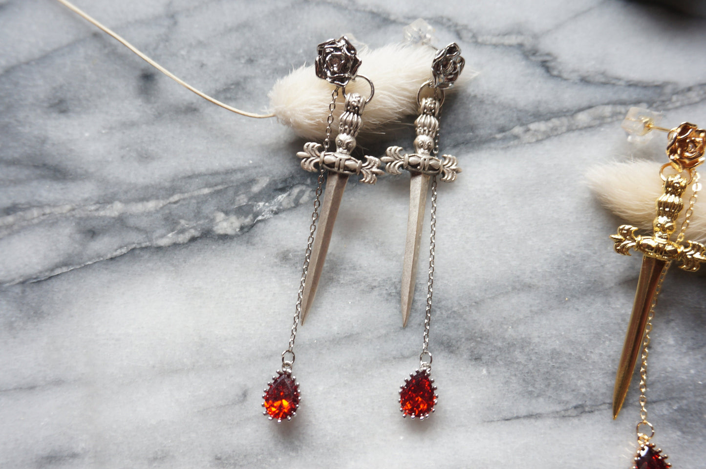 ROMEO Gold / Silver Rose, Dagger and Blood Drop Earrings