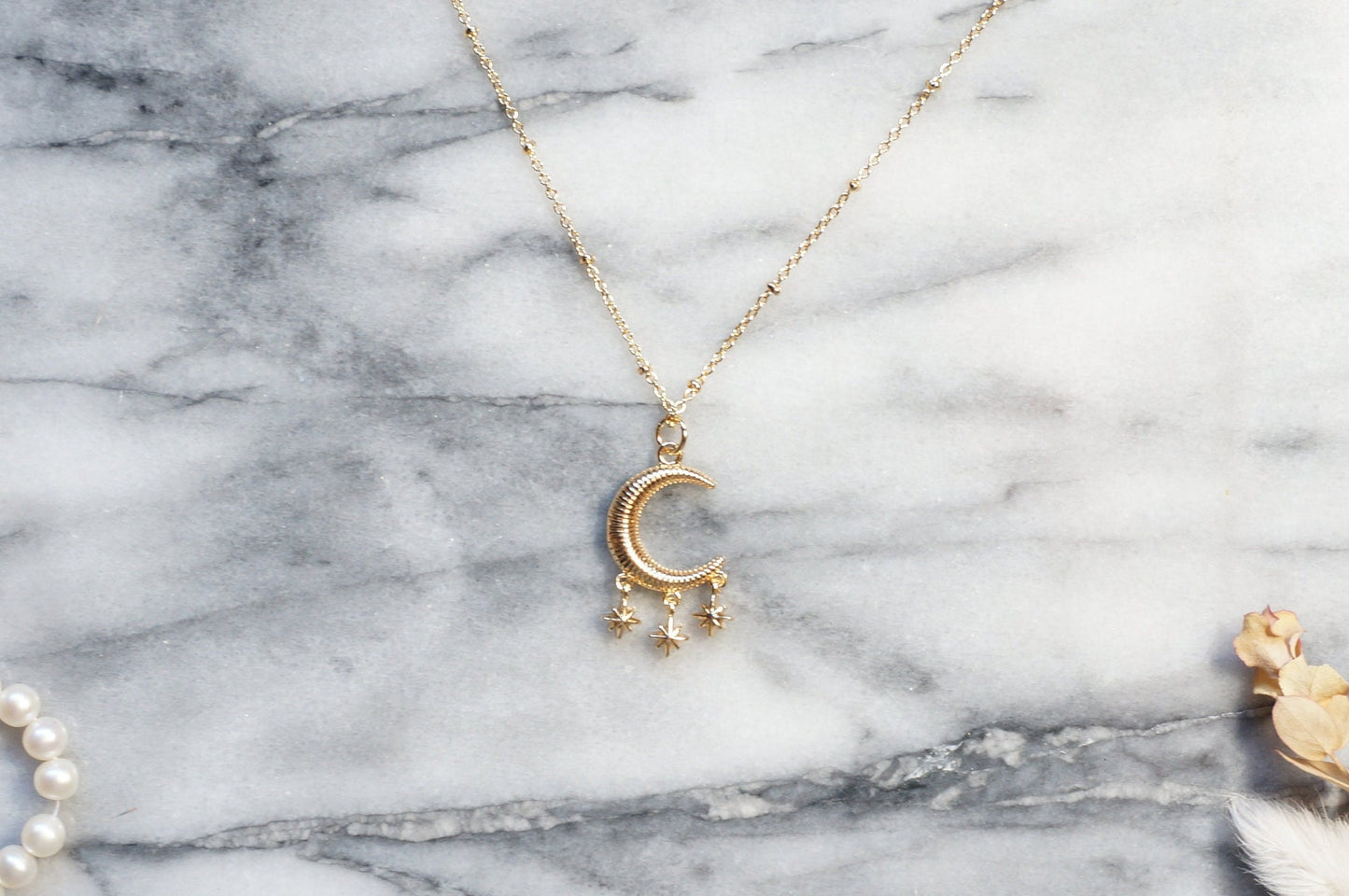 Moon and 3 Star Gold Necklace / Celestial Necklace