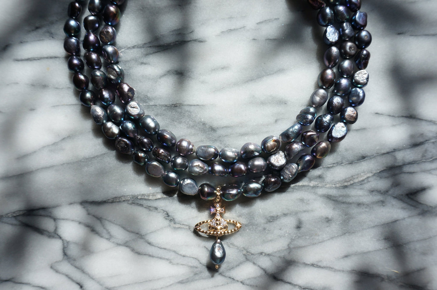 VICTORIA Three Layer Pearl / Black Pearl Necklace / Three Row Pearl Drop Choker
