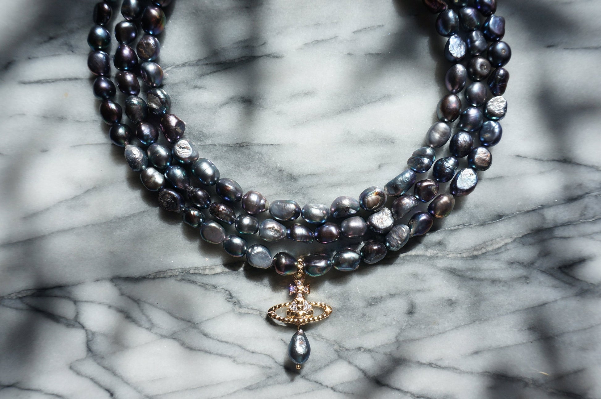 VICTORIA Three Layer Pearl / Black Pearl Necklace / Three Row Pearl Drop Choker