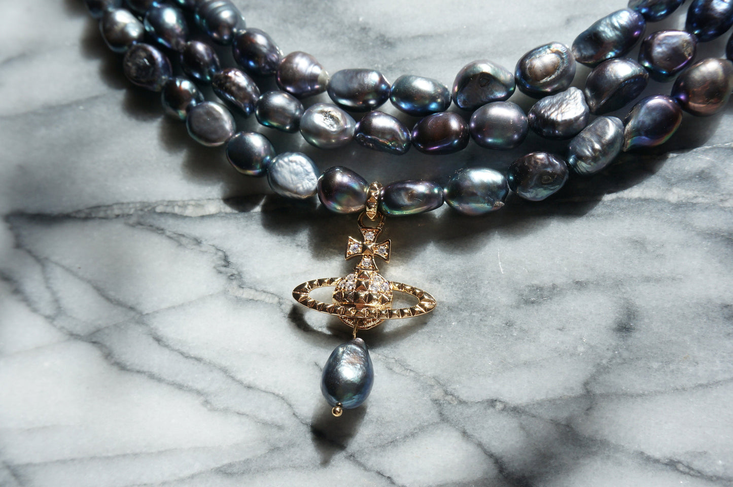 VICTORIA Three Layer Pearl / Black Pearl Necklace / Three Row Pearl Drop Choker