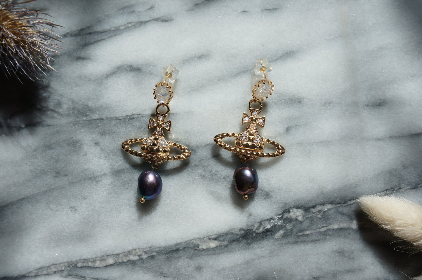 VICTORIA Gold/Silver Orb and Teardrop Pearl / Black Pearl Earrings