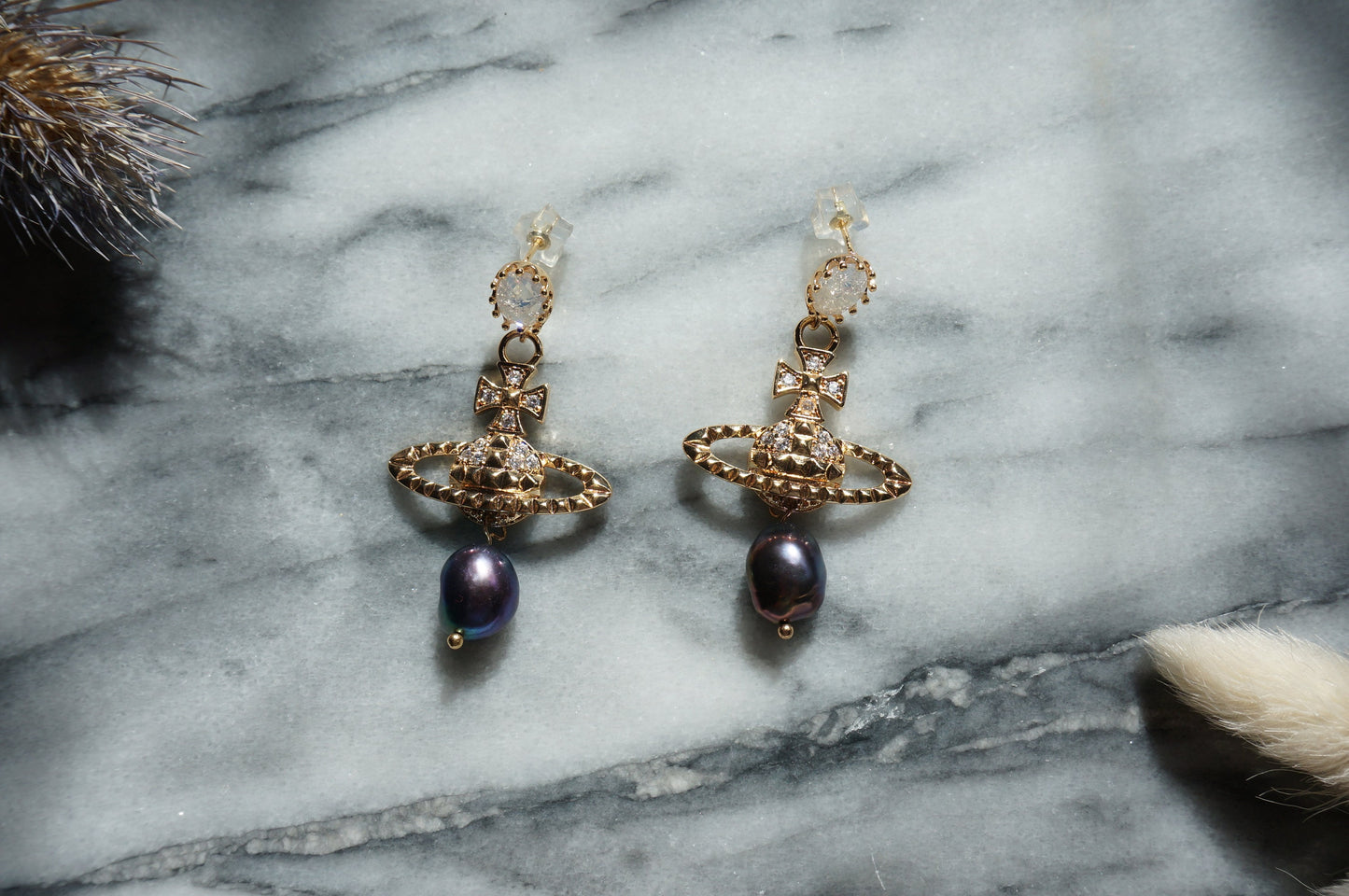 VICTORIA Gold/Silver Orb and Teardrop Pearl / Black Pearl Earrings