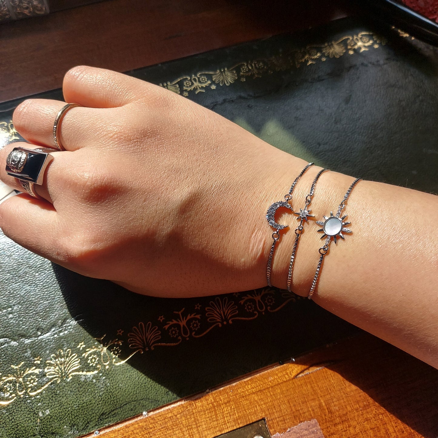 Silver Solstice Celestial bracelet set/ Moon/Sun/Star Adjustable Bracelet
