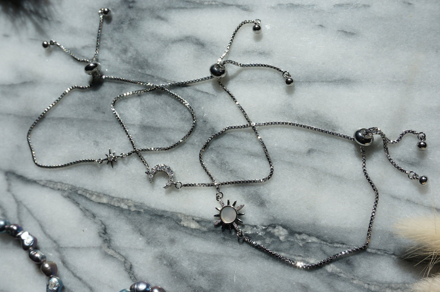 Silver Solstice Celestial bracelet set/ Moon/Sun/Star Adjustable Bracelet