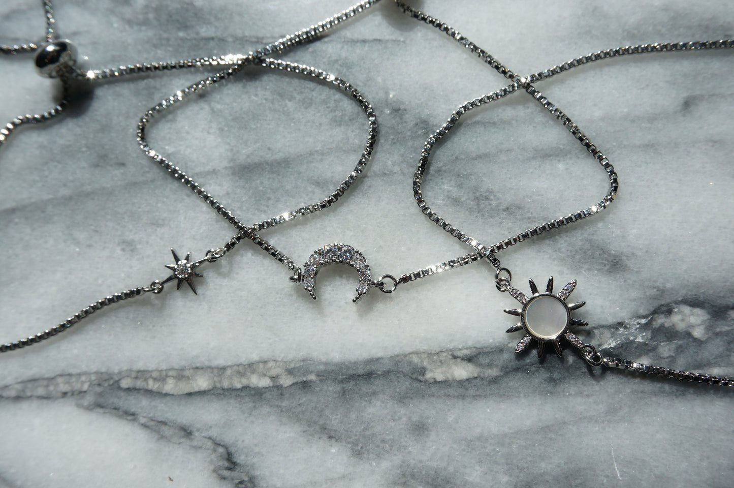 Silver Solstice Celestial bracelet set/ Moon/Sun/Star Adjustable Bracelet