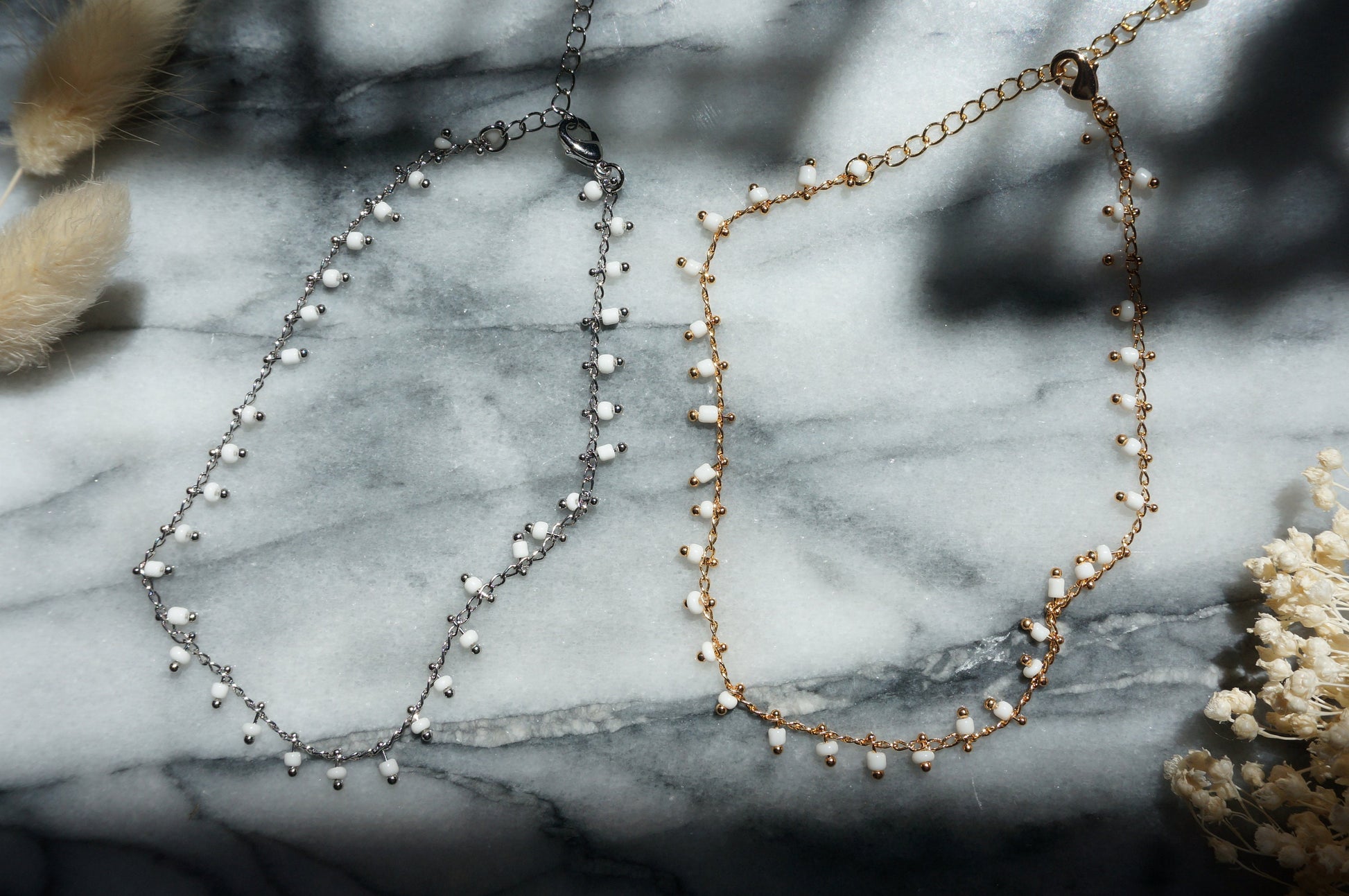 Gold / Silver White Beaded Anklets
