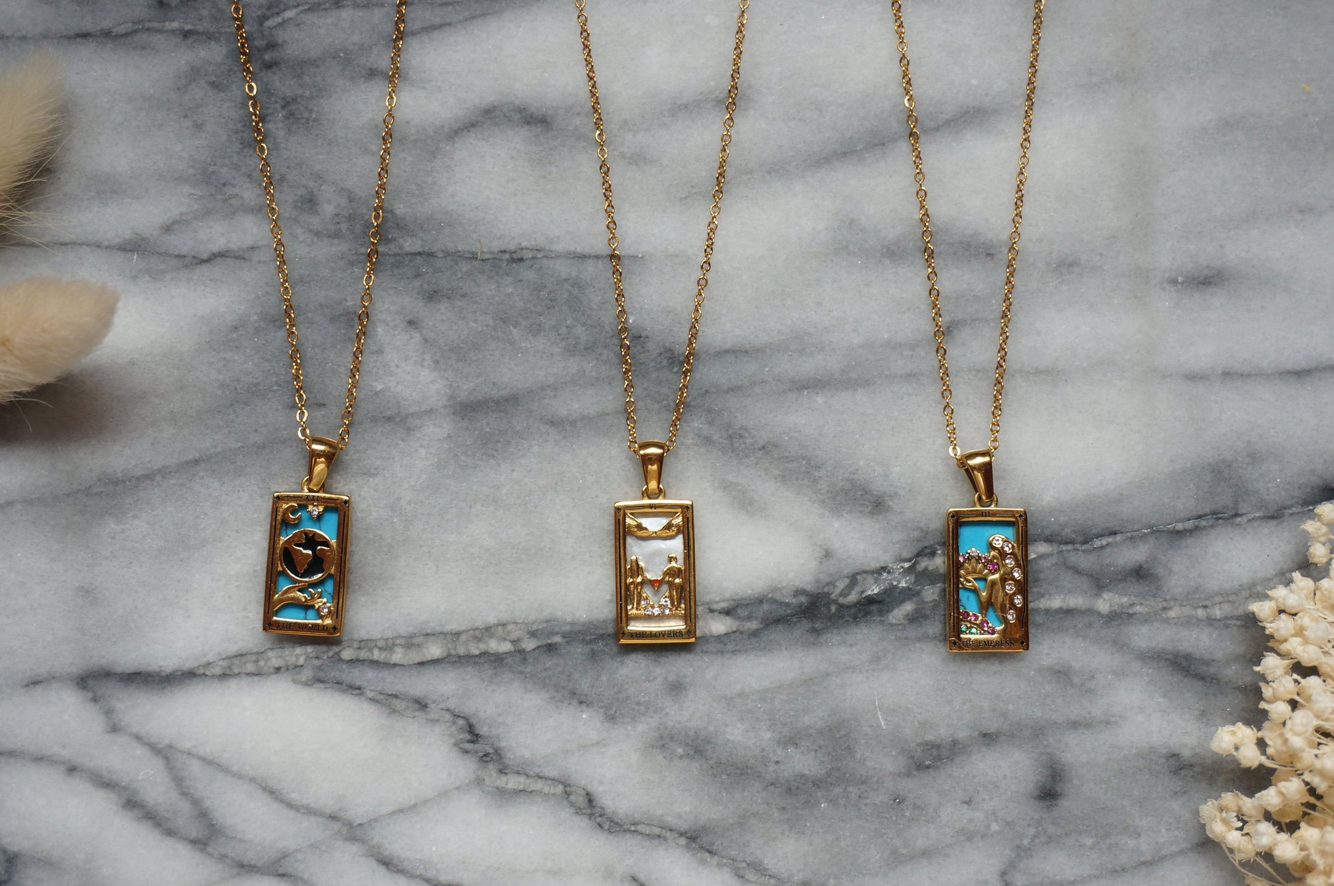 Gold Tarot Card Necklaces / Tarot Card Frame Necklaces / The Empress / The Lovers / The World