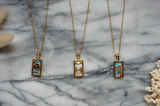 Gold Tarot Card Necklaces / Tarot Card Frame Necklaces / The Empress / The Lovers / The World
