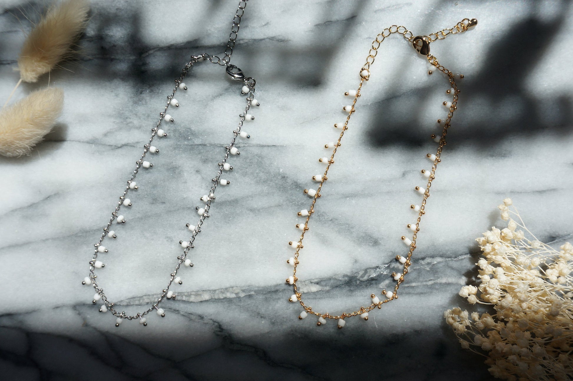Gold / Silver White Beaded Anklets