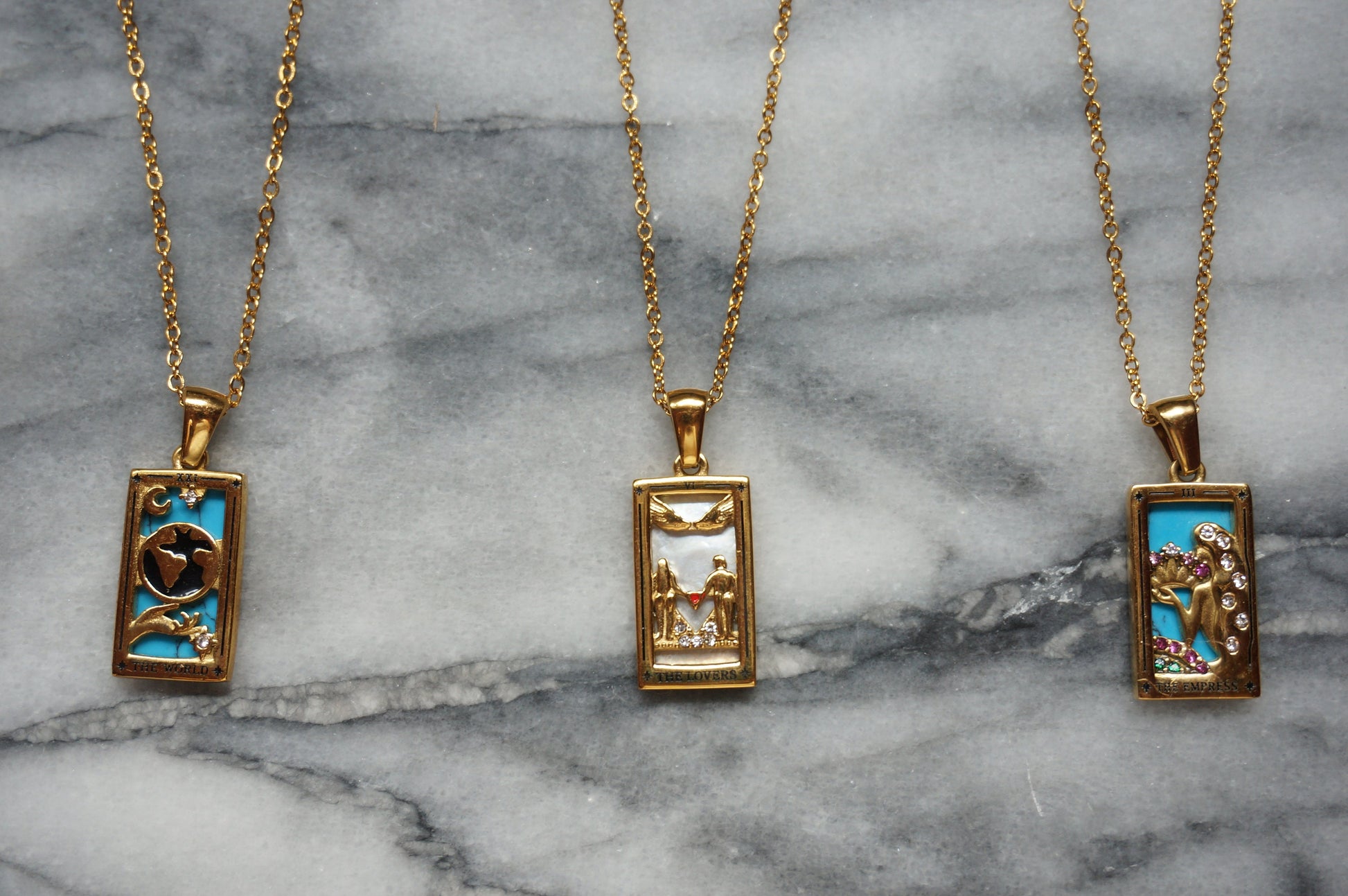 Gold Tarot Card Necklaces / Tarot Card Frame Necklaces / The Empress / The Lovers / The World