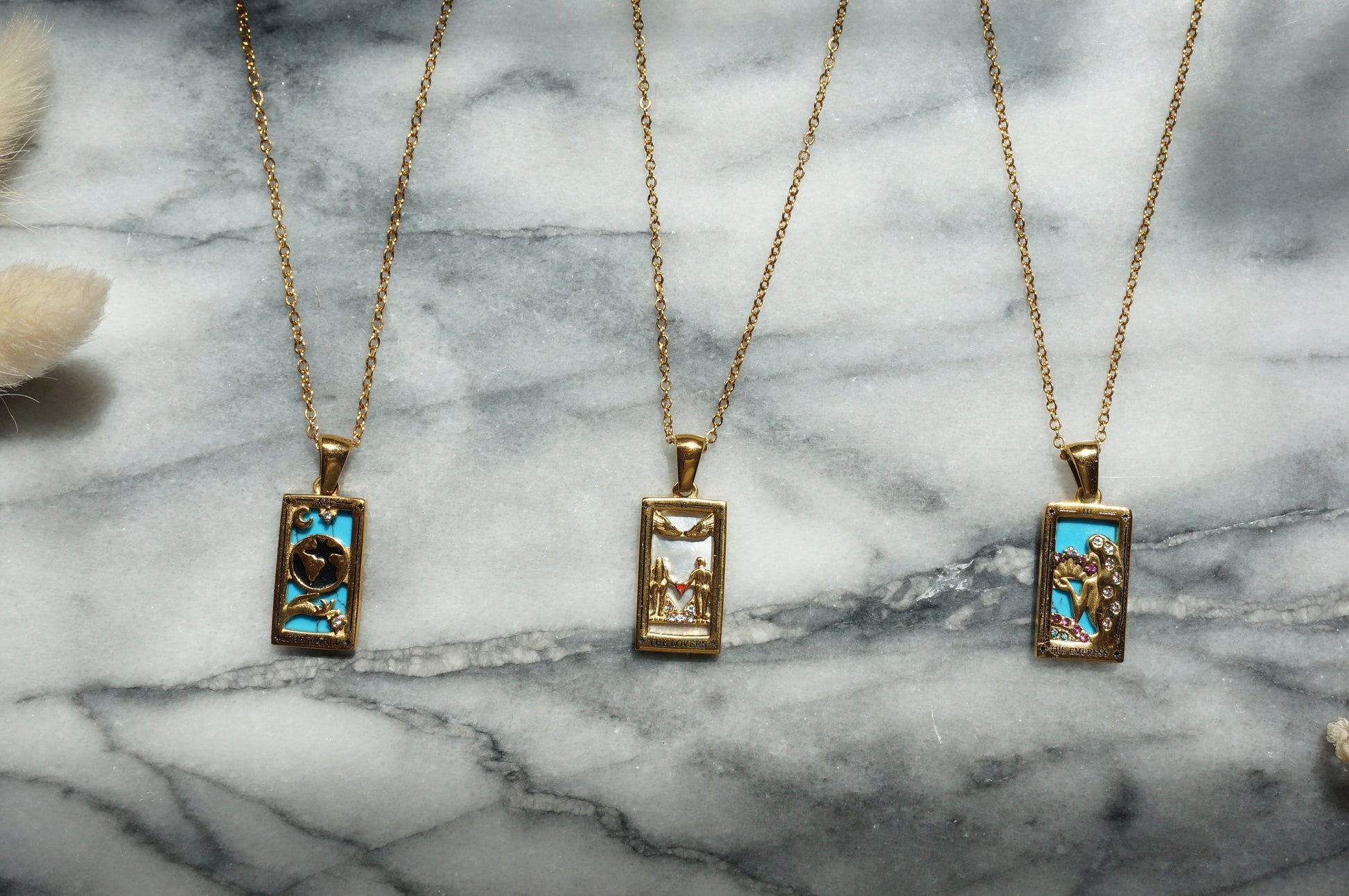 Gold Tarot Card Necklaces / Tarot Card Frame Necklaces / The Empress / The Lovers / The World