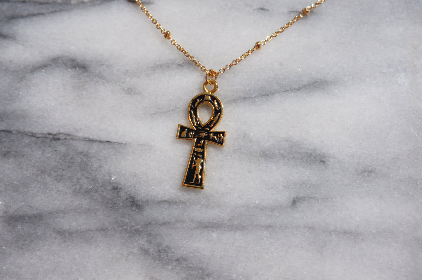 Gold and Black Ankh Pendant Egyptian Hieroglyphics Necklace