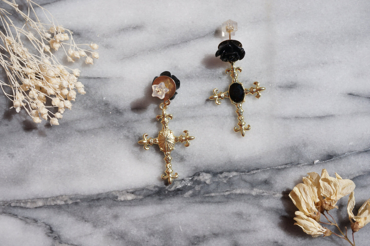 EVELYN Black Rose and Cross Earrings