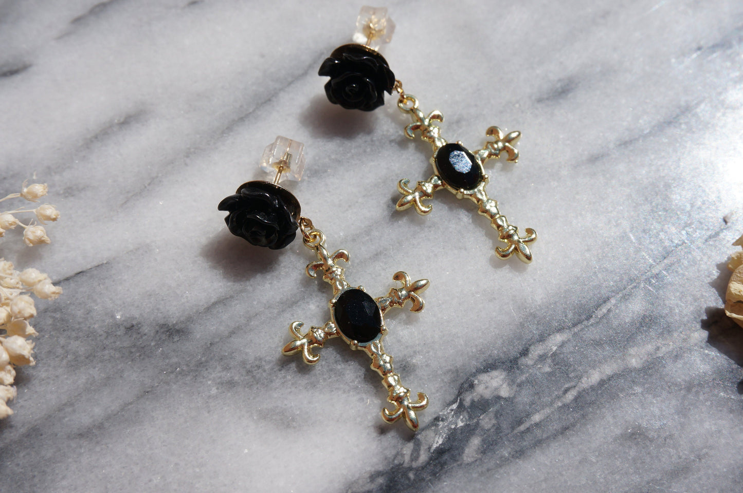 EVELYN Black Rose and Cross Earrings