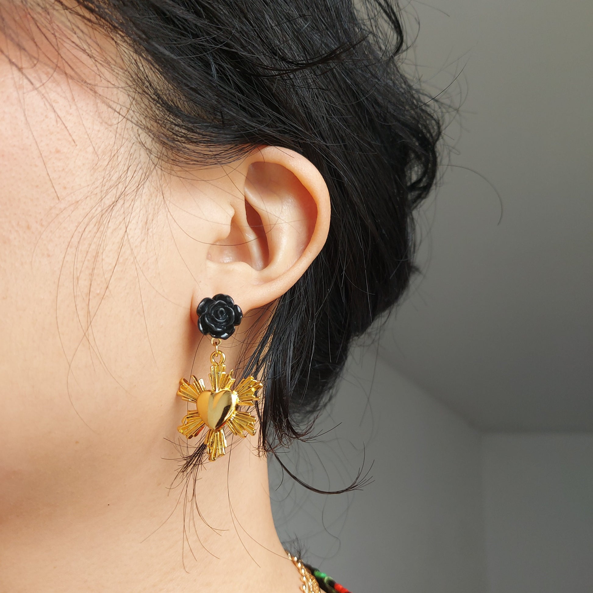 Radiant heart and Black Rose Stud Earrings