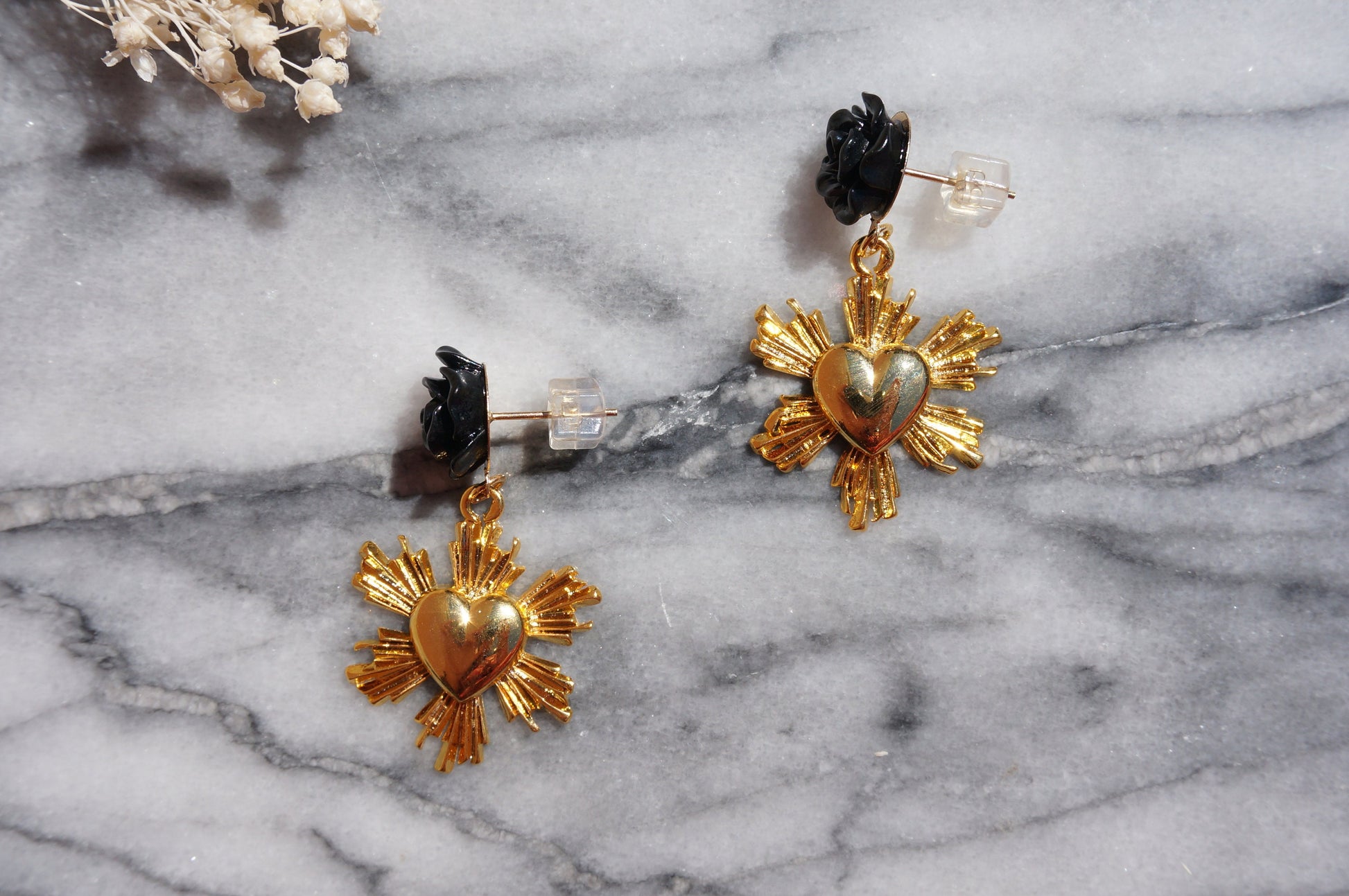 Radiant heart and Black Rose Stud Earrings