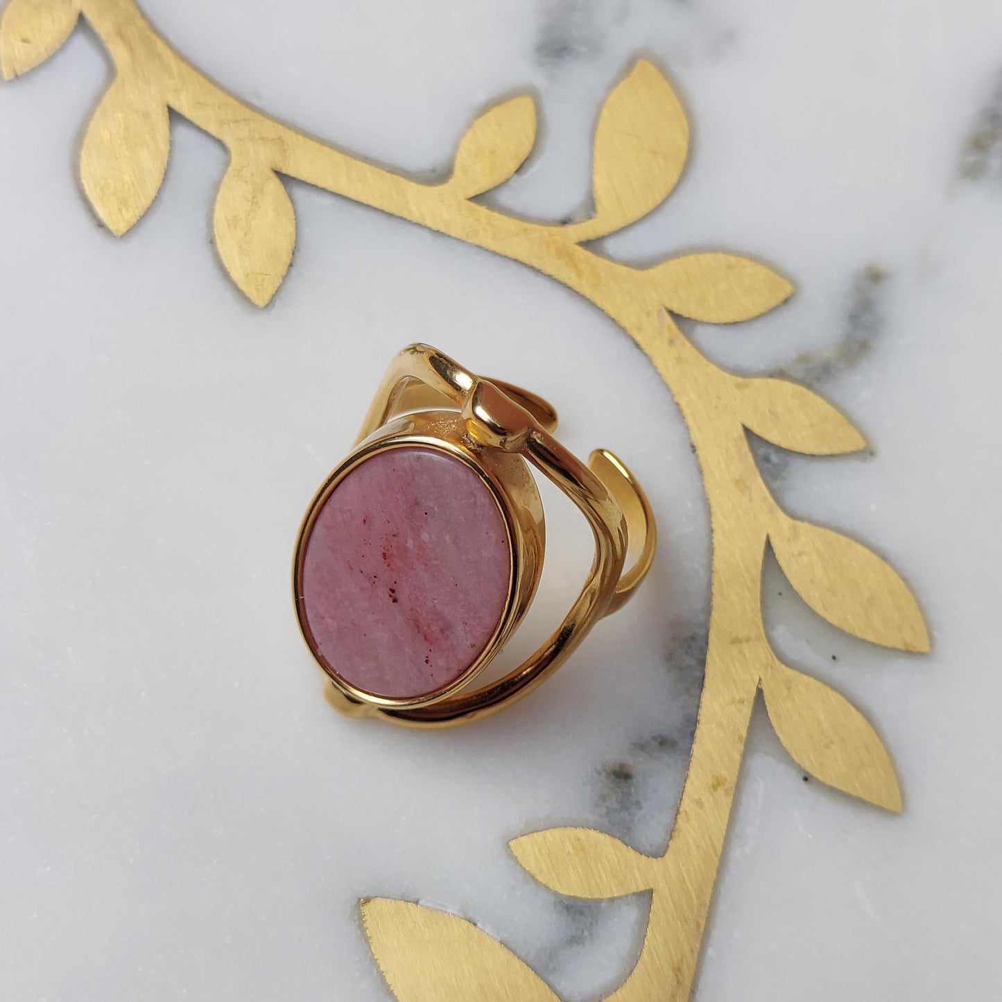 Mother of Pearl and Pink Stone 2-Way Spinning Adjustable Gold Ring