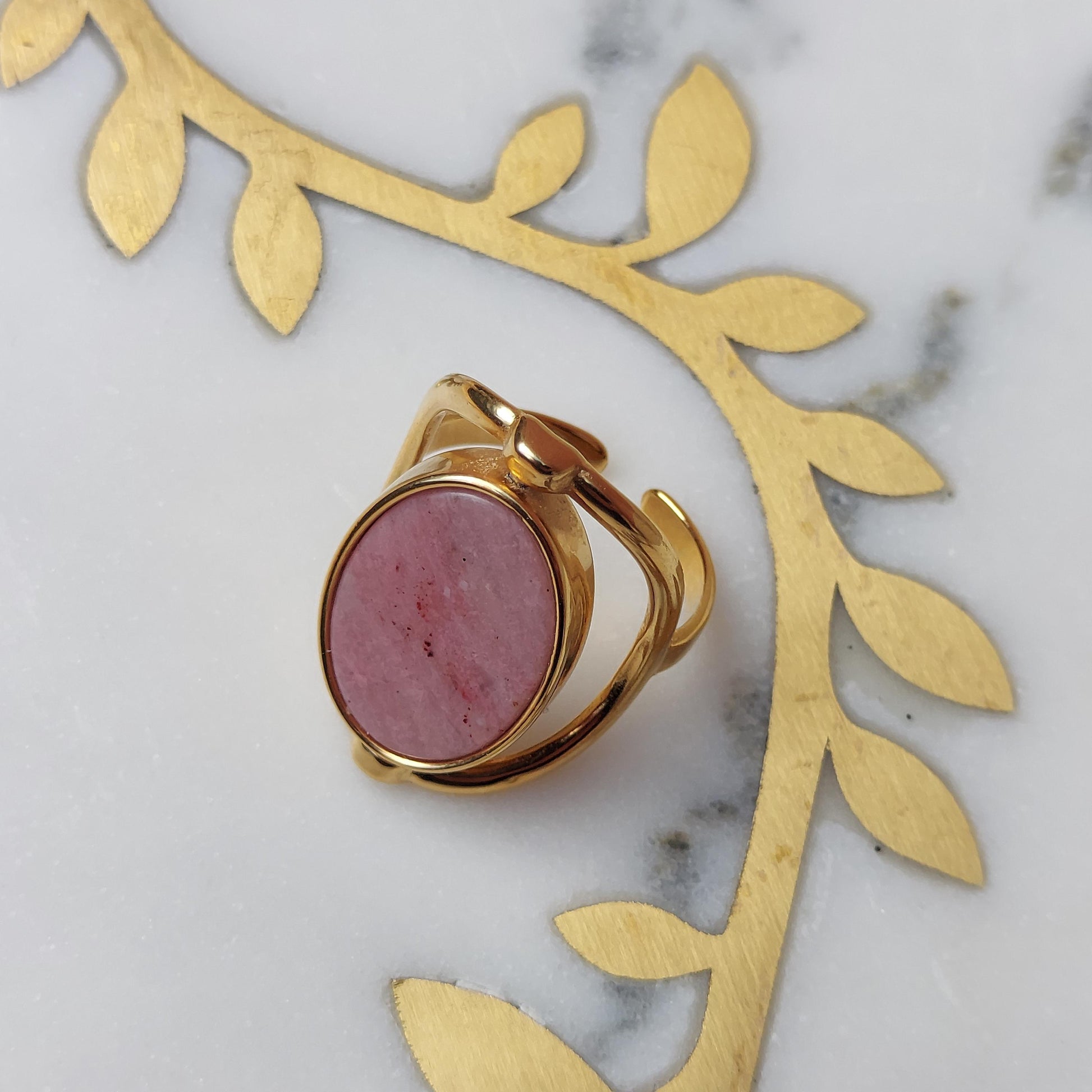 Mother of Pearl and Pink Stone 2-Way Spinning Adjustable Gold Ring