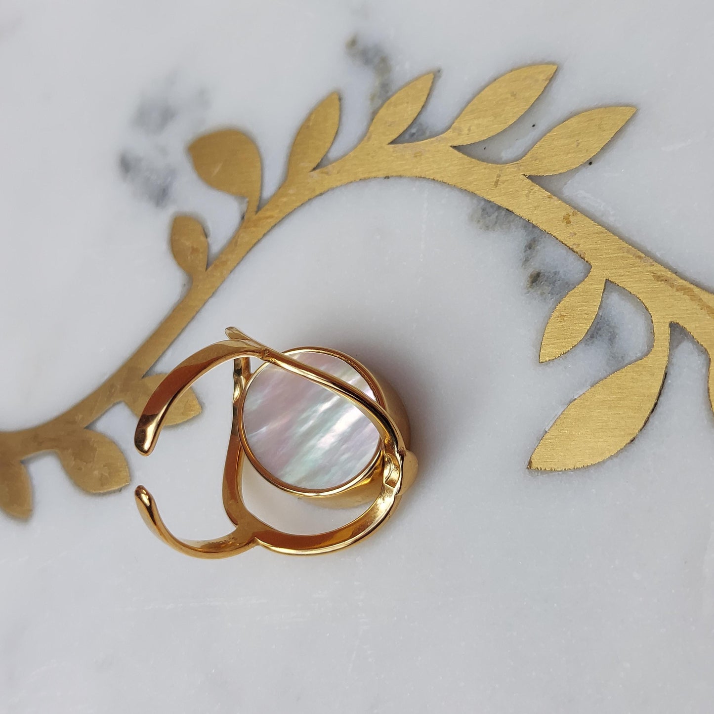 Mother of Pearl and Pink Stone 2-Way Spinning Adjustable Gold Ring